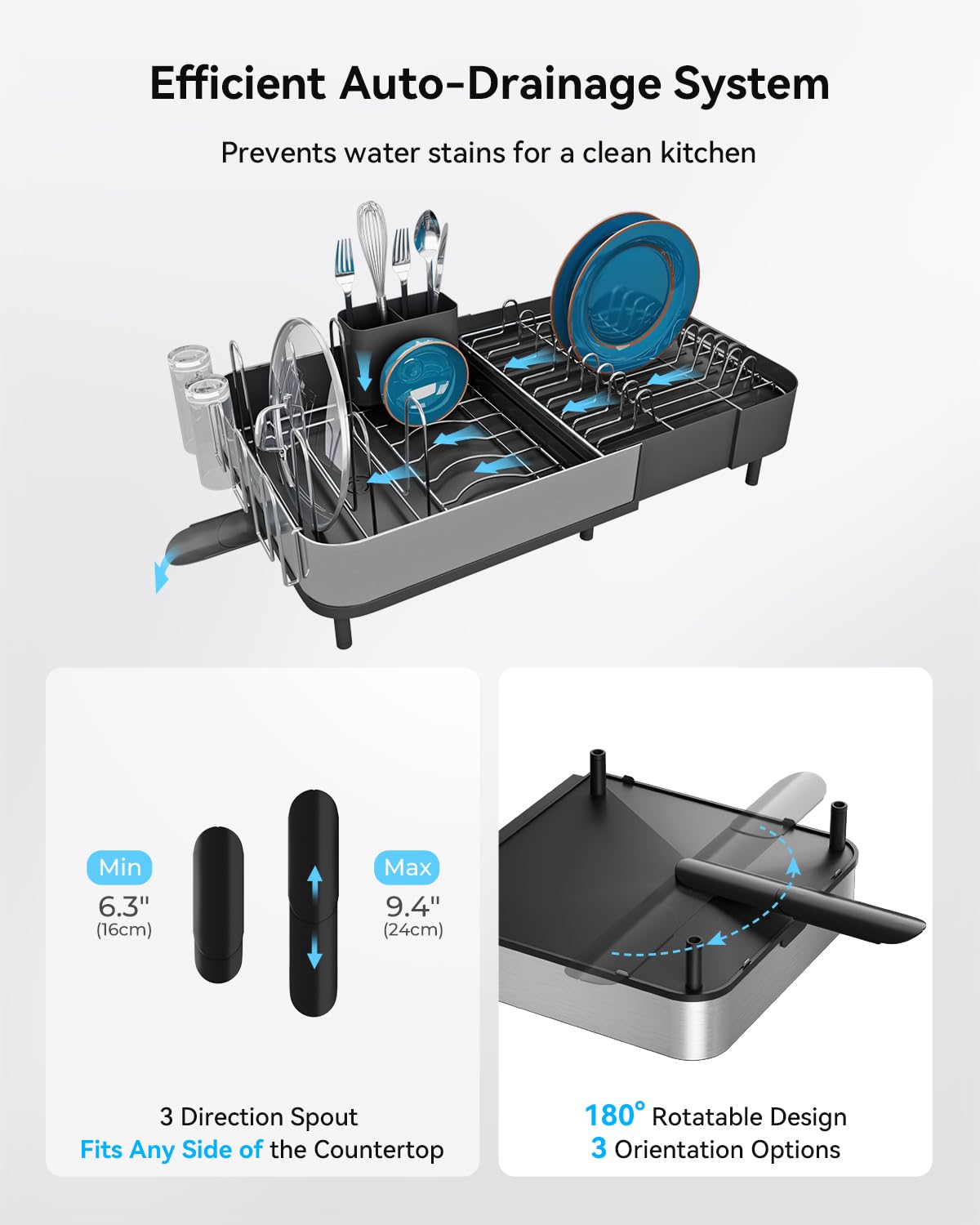 SUNLY Expandable Dish Drying Rack, Versatile Brackets for Pots & Pans, Space Saving Kitchen Drying Rack, Dish Racks for Kitchen Counter, Stainless Steel Dish Drainers with Extendable Spout, Black