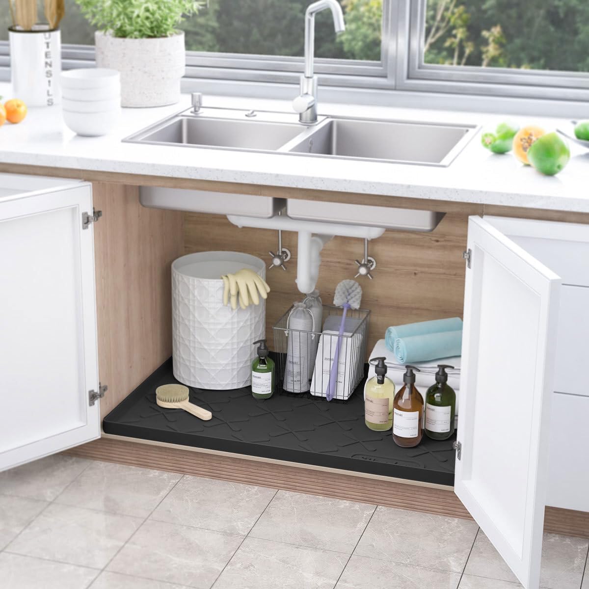 SIKADEER Silicone Under Sink Mats for Kitchen Waterproof 34" x 22", Raised Edge Cabinet Protector Shelf Liner, Pet Feeding Mat Boot Tray Home Organizers and Storage Kitchen Essentials
