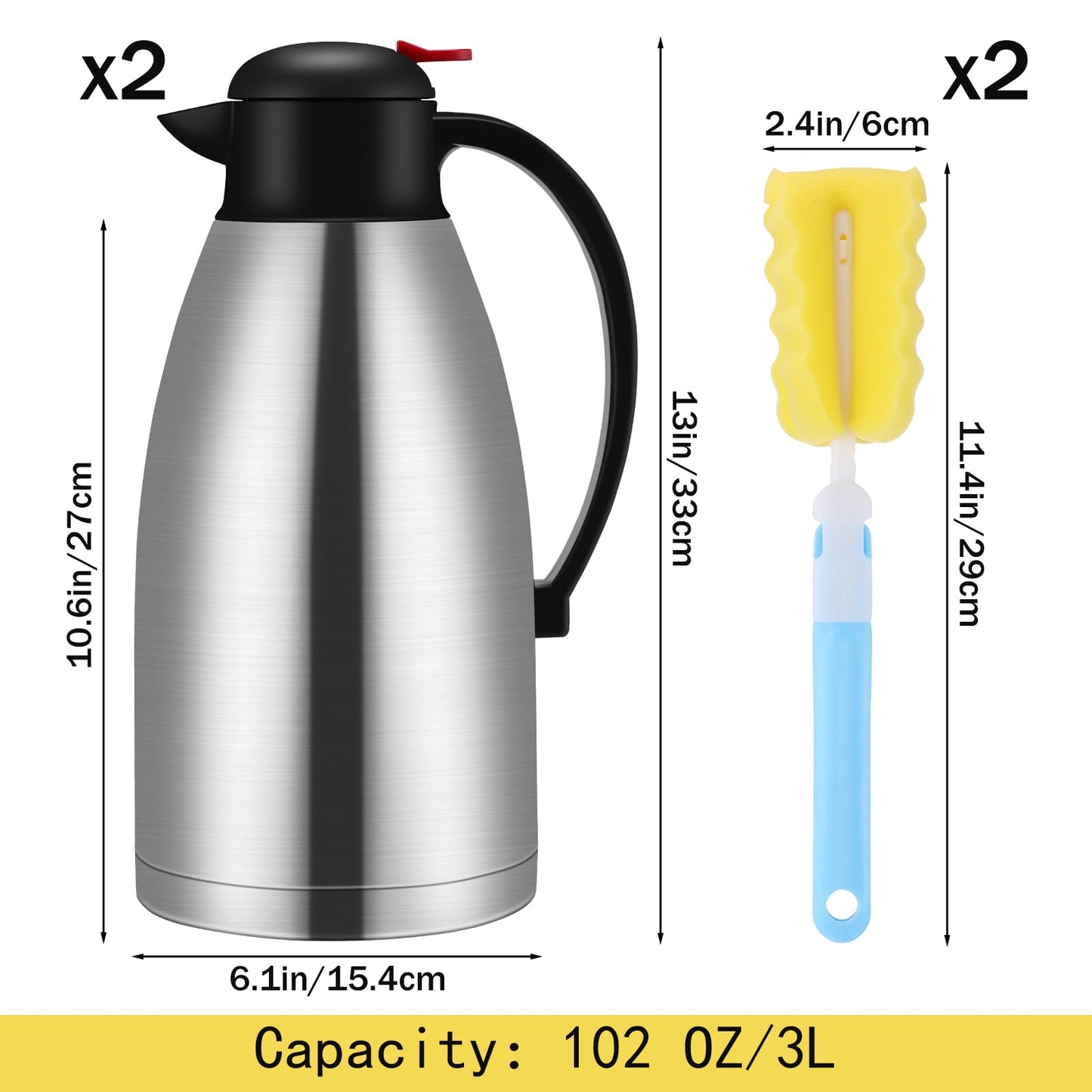 Nuogo 2 Pcs 102 oz Thermal Coffee Carafe Insulated Stainless Steel Carafe Double Walled Vacuum Coffee Pot Creamer Pitchers with Brush for Home Office Use Keep 24 Hours Hot Water Tea(Silver)
