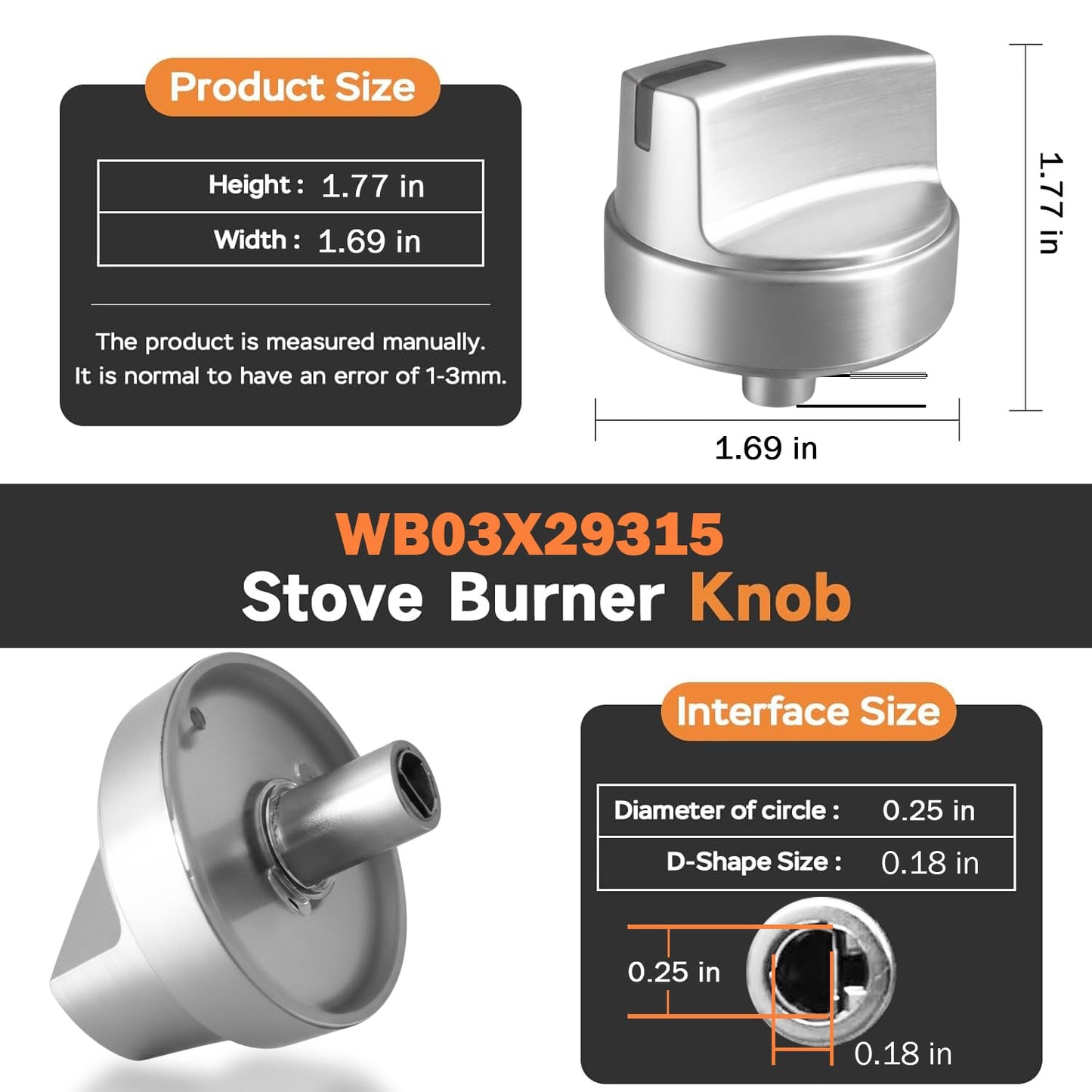 Upgraded (5Pcs) WB03X29315 for GE Gas Stove Knobs Replacements JGP5030SL1SS/ JGP5036SL1SS/ JP3030DJ3BB/ JP3036DL2BB / JP3530DJ3BB, Oven Range Burner Cooktop Control Knobs Replace Part