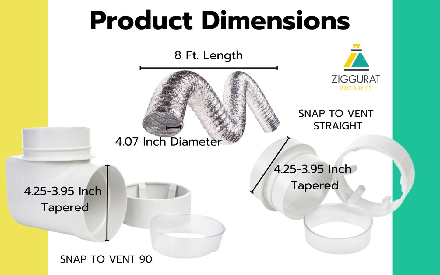 Dryer Vent Connector Kit - 90 Degree Dryer Vent Hose Connector for Tight Spaces, Space Saving Dryer Vent Elbow With Hose - DIY Toolless Design with Airtight Seal - STV-M by Ziggurat Products