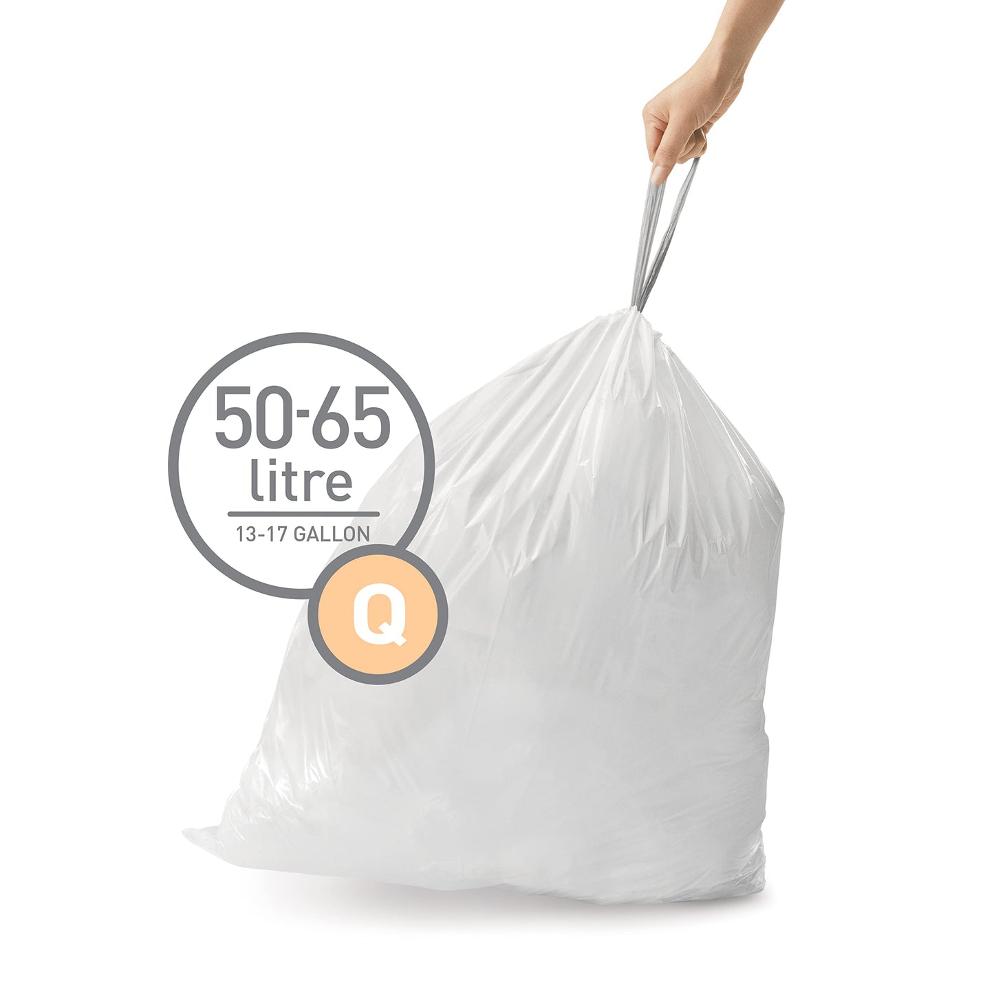 simplehuman Code Q 60 Count Custom Fit Liners, Drawstring Kitchen Trash Bags, One-by-One Mess-Free Dispense, Extra Thick & Double Seamed, 50% PCR Plastic, 50-65 Liter / 13-17 Gallon, White