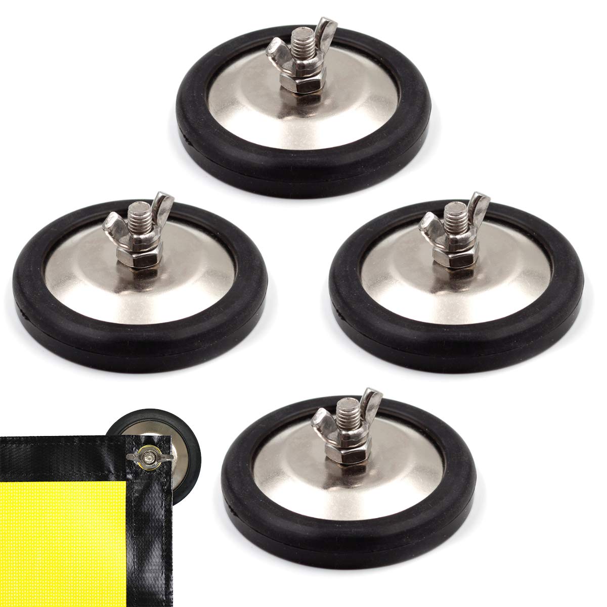 4 Pack Rubber Protect Base Magnet Warning Signs Holder, Universal Flag Holder, Rubber Pad & Wing Nut, Neodymium Heavy Duty Magnetic Mount for Warning Signs, Flags, Oversized Load Flags, Wire Loop Flag