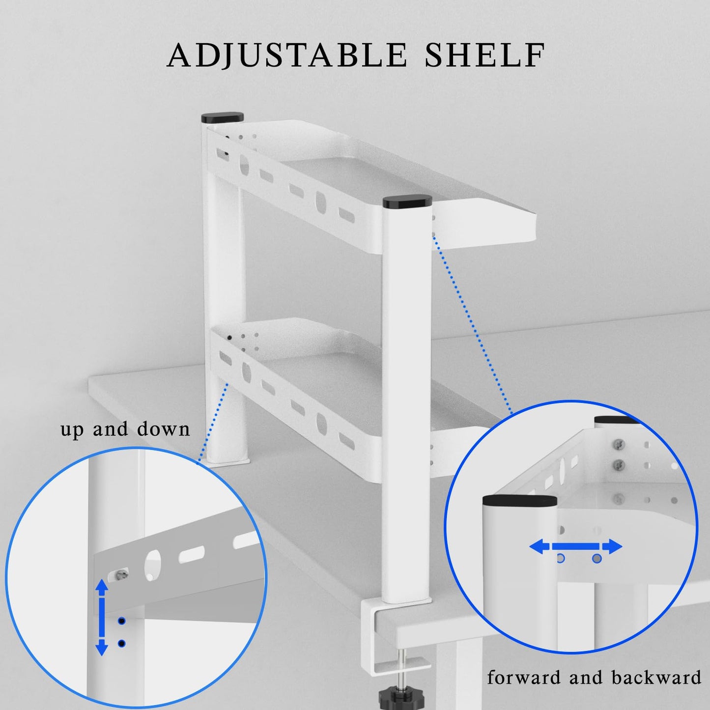 Clamp on Desk Shelf White, 2-Tier Office Desk Shelves Organizer, 17in Small Shelf for Top of Desk with Headphone Holder, Hooks, Desktop Storage Rack for Home Workspace, Study Rooms, Gaming Accessories