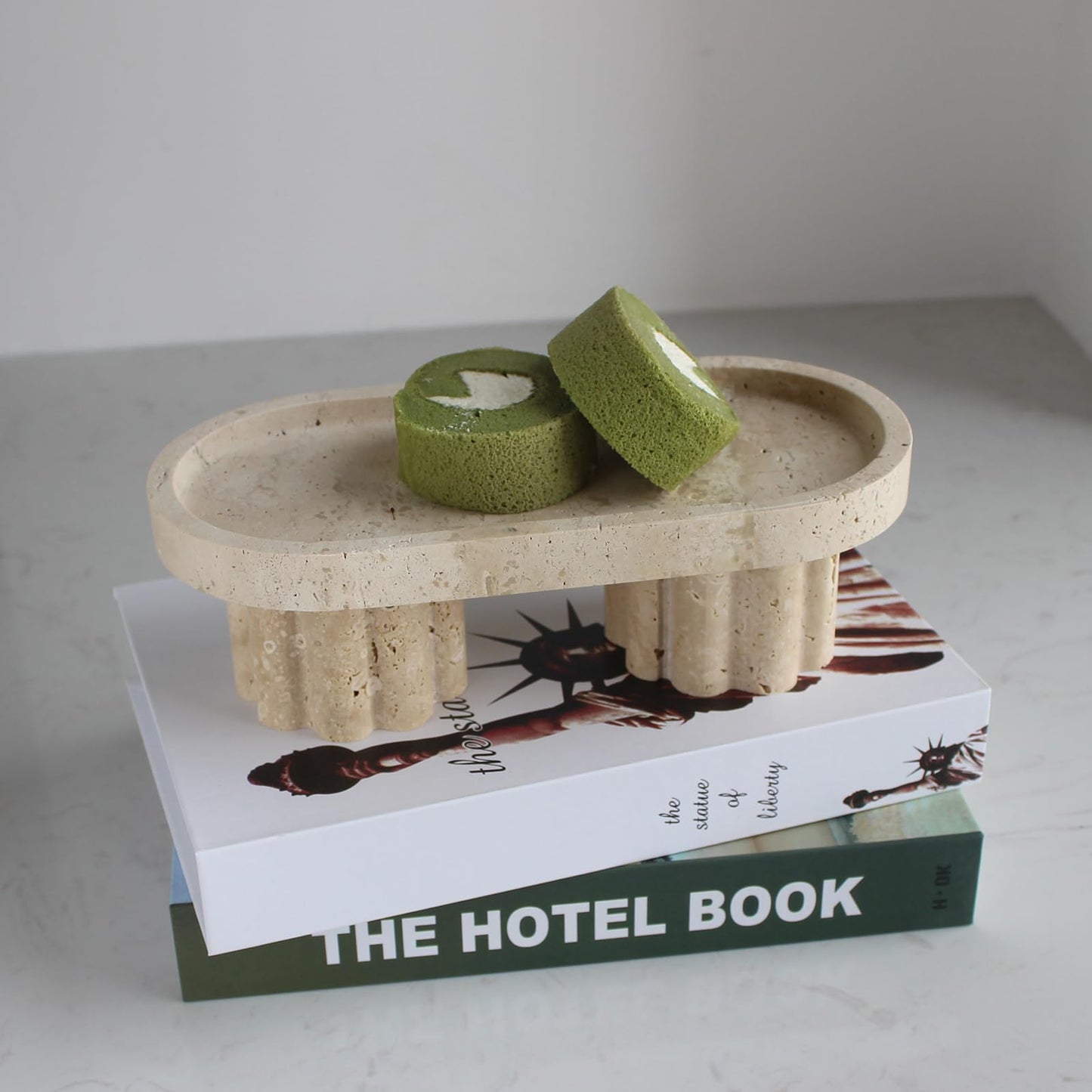 Natural Travertine Marble Oval Tray with 2 Legs, 10" Vanity Decorative Tray for Countertop Organizer, Catchall Tray for Perfume, Candles, Jewelry Dish