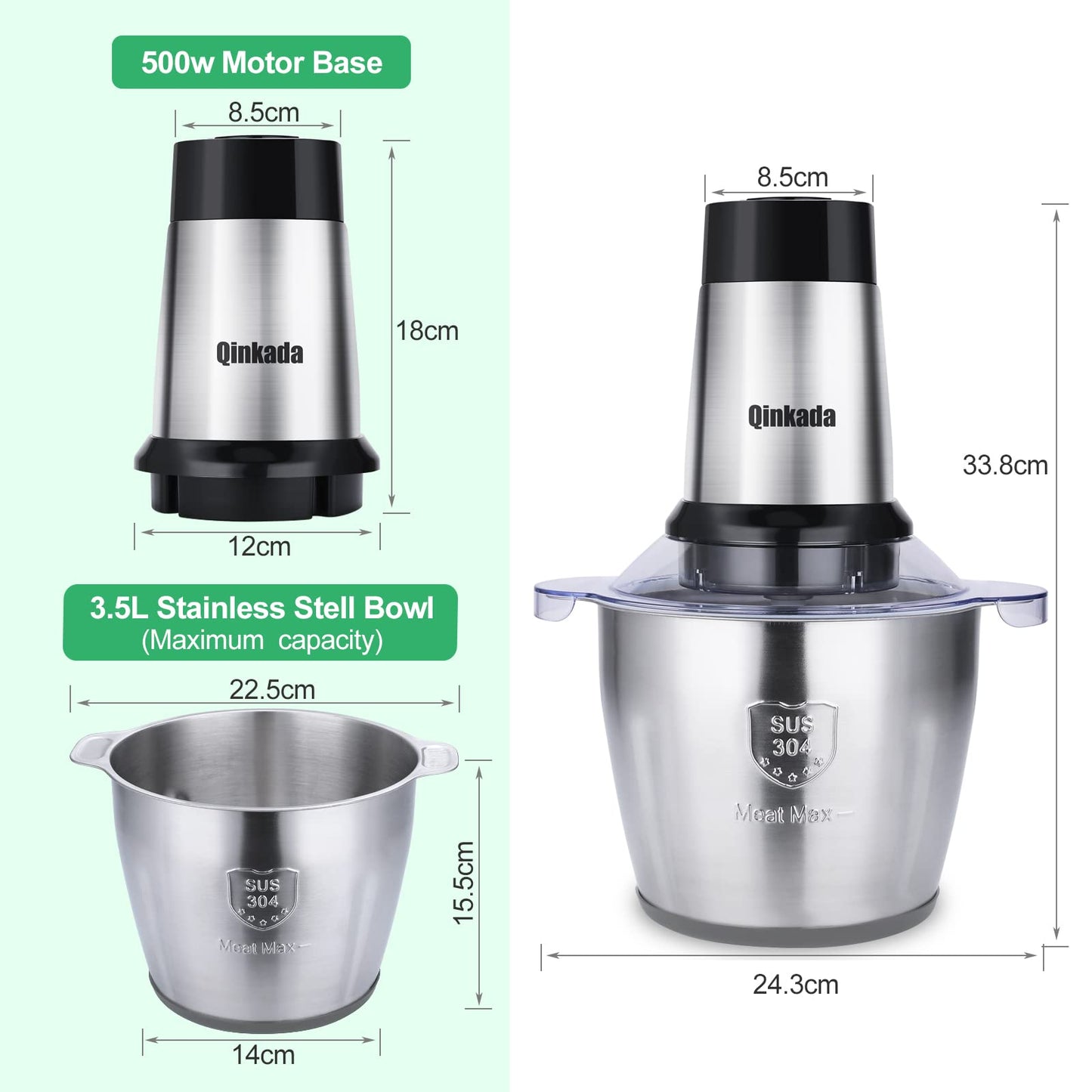 Qinkada Food Processor, 500W Powerful Meat Grinder, 14Cup Stainless Steel Bowl, 3 Speed Modes 4 Bi-Level Blades for Onion, Meat, Nuts, Fruit, Garlic, Vegetable, Baby Food