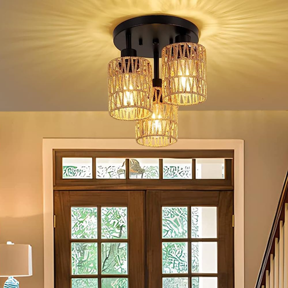 3 Pack Rattan Lamp Shade Small Boho Shades Replacement - Pendant Sconce Shade Ceiling Fan Light Covers Cylinder Woven Lampshade for Floor Lamps Pendant Light Chandelier Wall Sconces