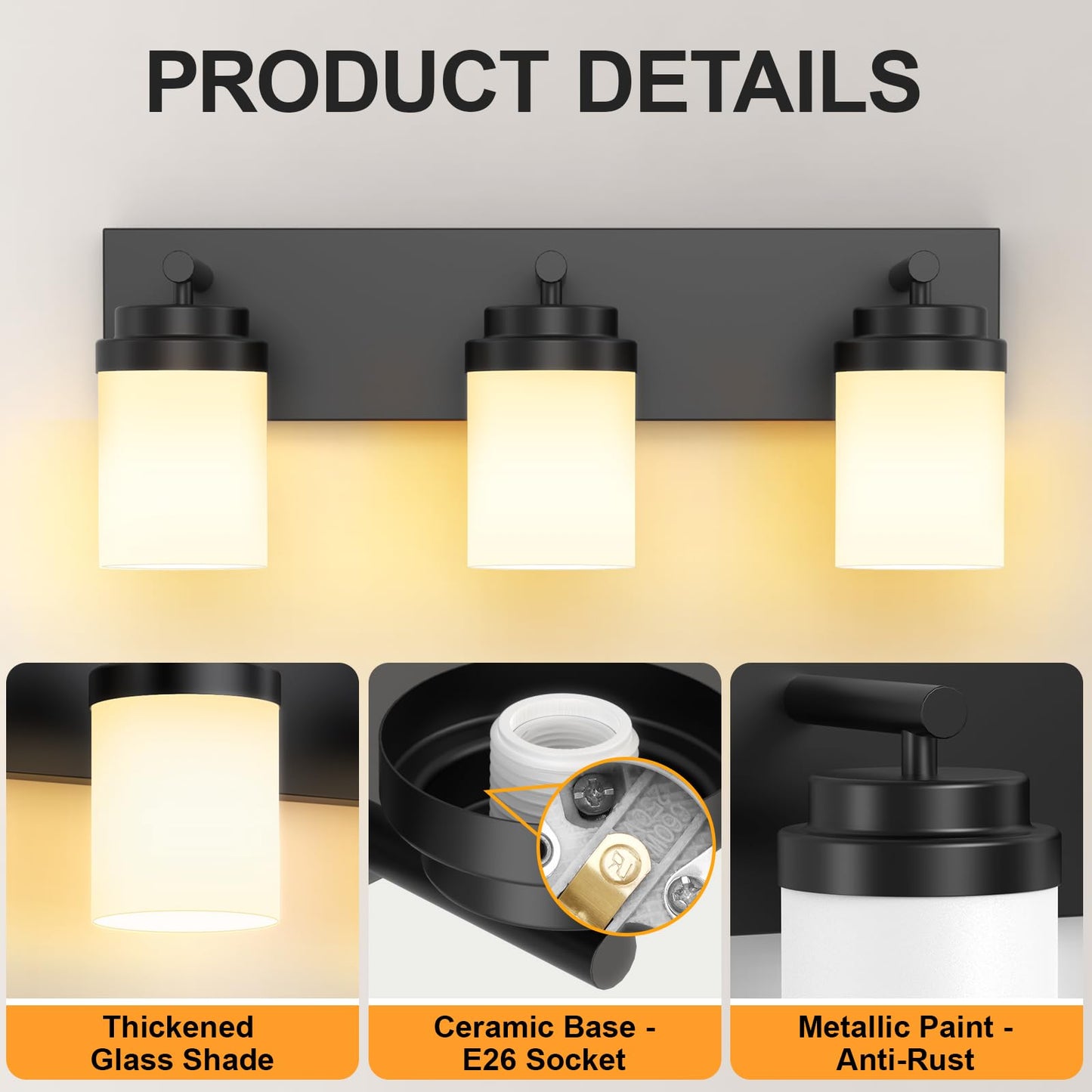 IZORRO Bathroom Vanity Light Fixture, 3-Light 22 Inch Matte Black Bathroom Light Fixtures Over Mirror, with White Glass Shade, Modern Farmhouse Vanity Lights, Rustic Restroom Lighting Fixtures