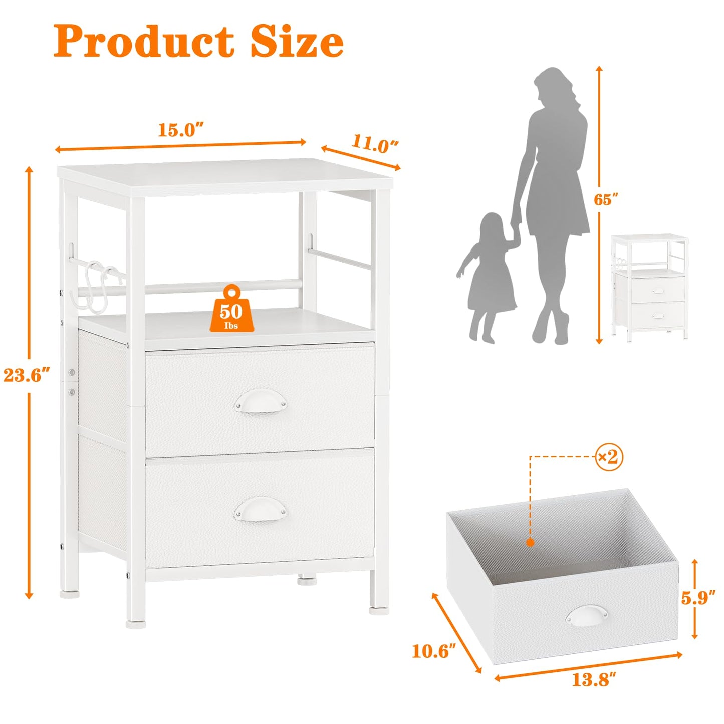 Furologee Nightstands Set of 2, End Table with 2 Fabric Drawers, Night Stand with 2 Hooks, Open Wood Shelf Bedside Table for Bedroom/Living Room/White