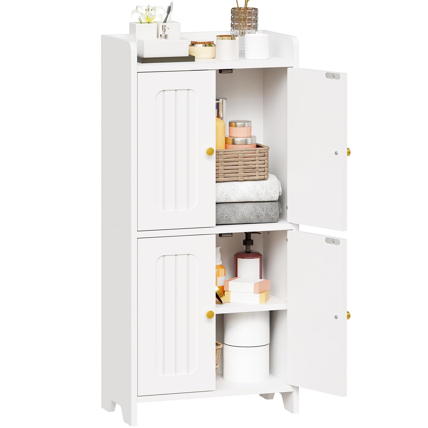 BEWISHOME Small Floor Cabinet, Toilet Paper Storage, Bathroom Storage Cabinet with 4 Doors and Shelves, Bathroom Organizers and Storage for Small Spaces, White 7.9" D x 14.6" W x 31" H YYG11W