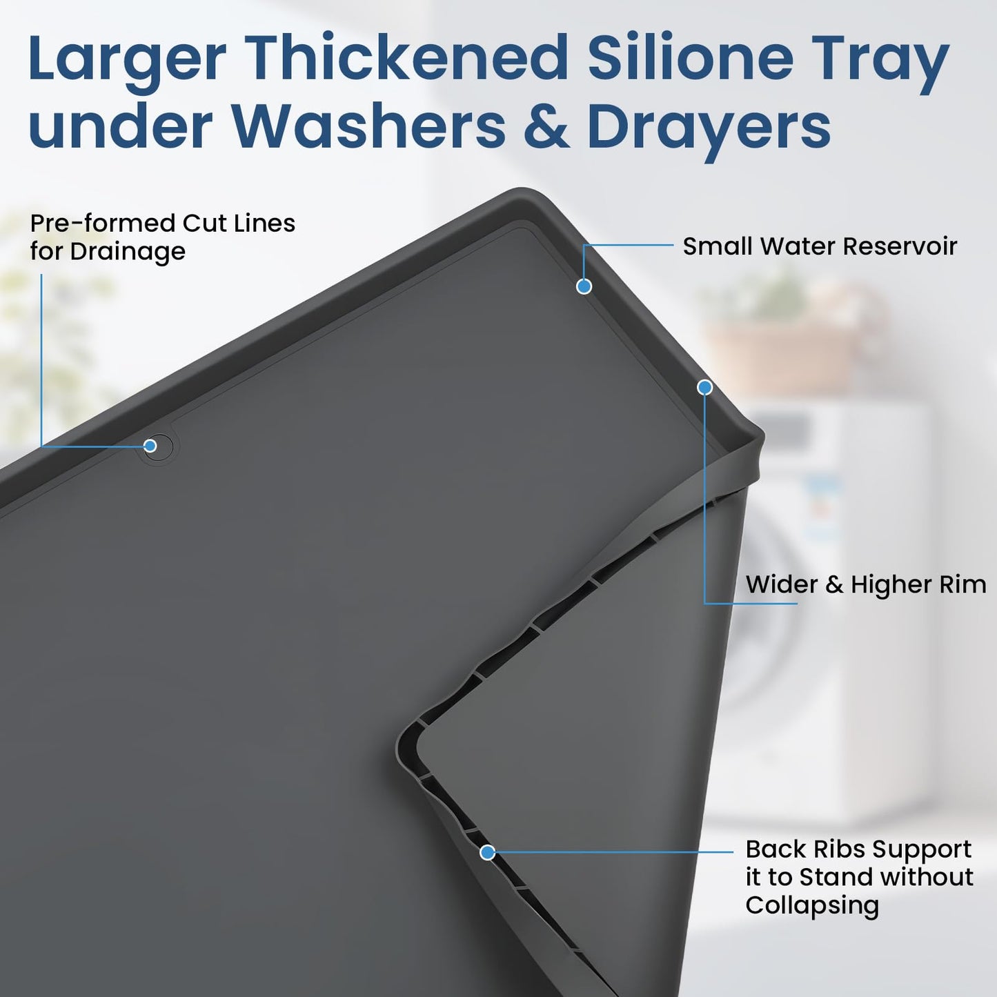 XHIKOWAT 33 X 30 inch Large Thickened Silicone Washing Machine Drain Pan with 1-1/5" Raised Edge, Leak Protection Anti-Vibration Non-Slip Washing Machine Tray for Washer Dryer Other Appliances