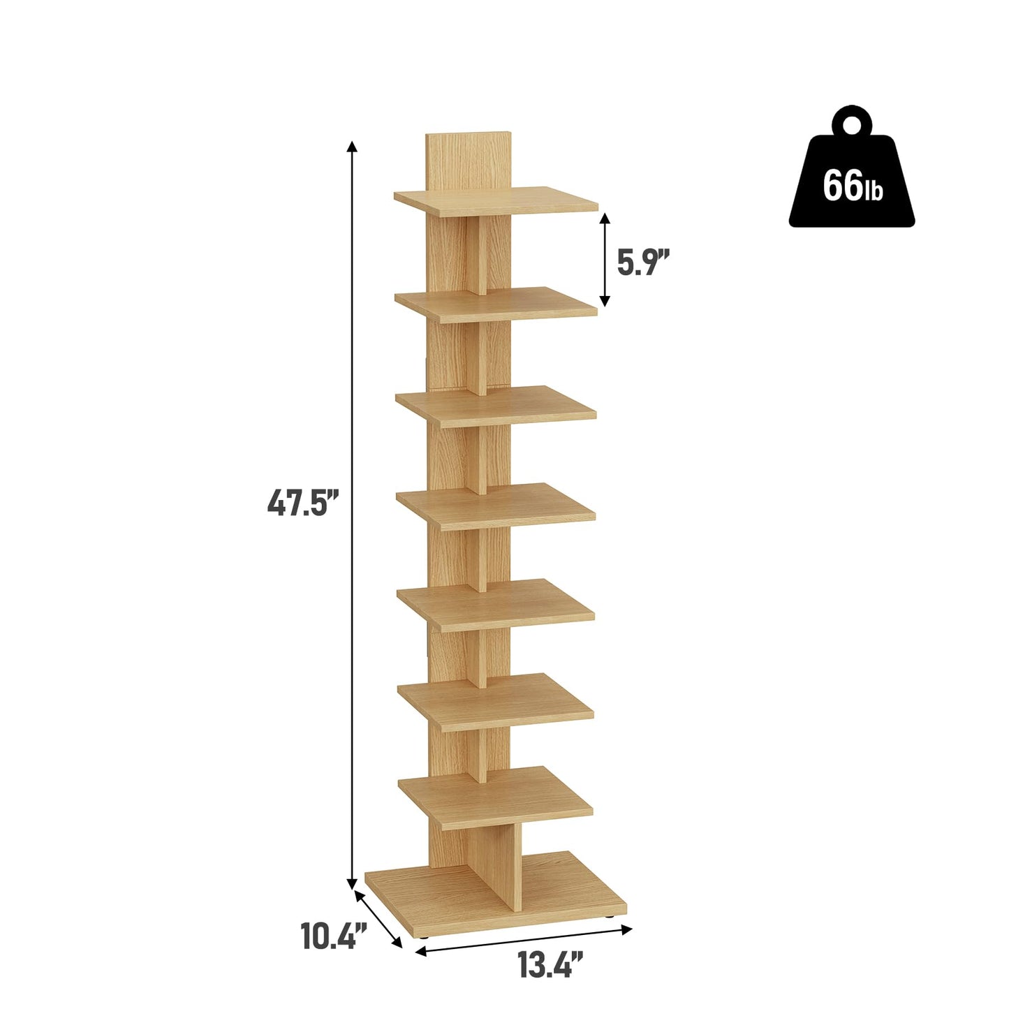 TUTOTAK Narrow Bookshelf, 8-Tier Bookcase, Spine Book Shelf for Small Space, Corner Standing Shelf for Living Room, Office, Study, Entryway, Natural BS06BN008