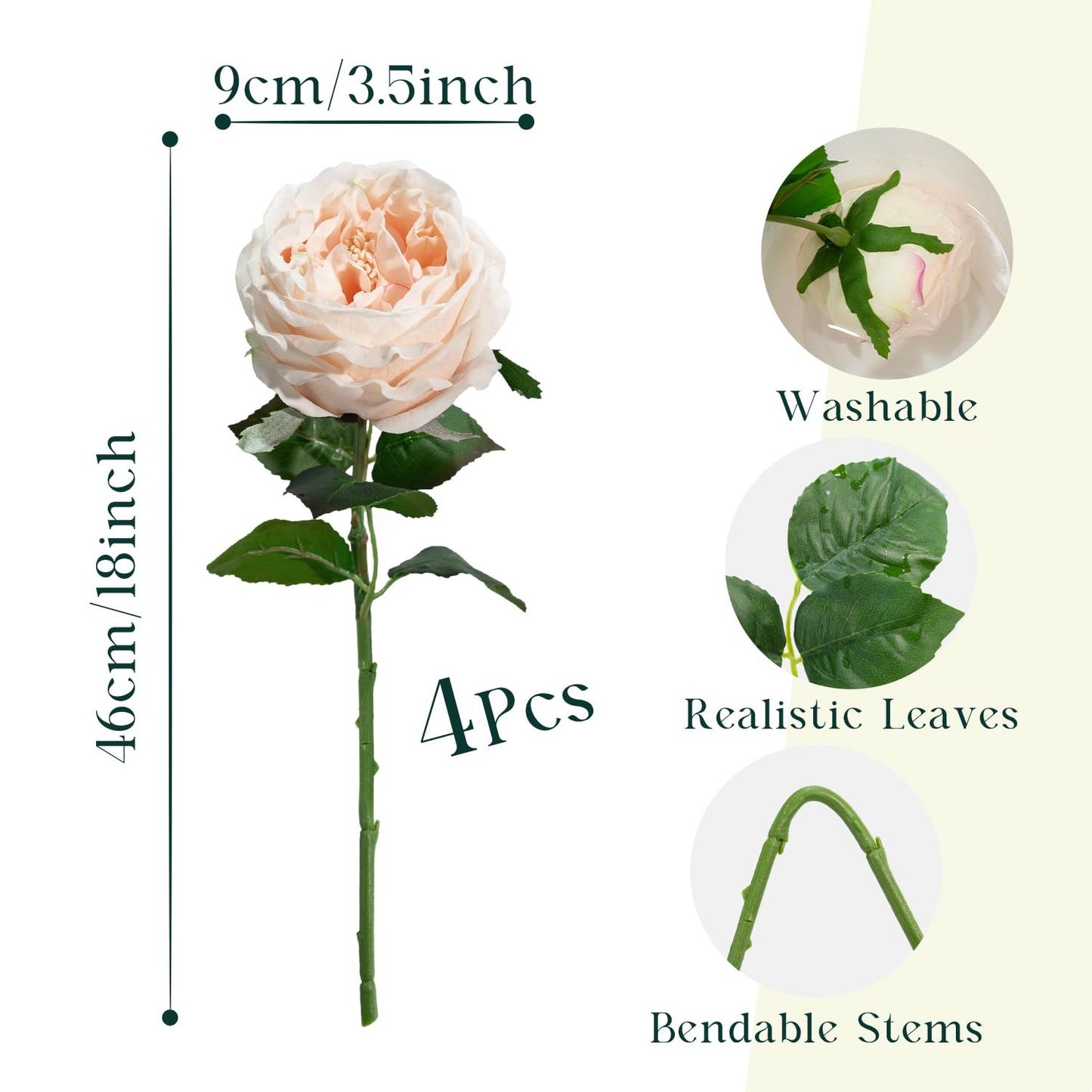 YILIUFA 4 Pcs Real Touch Peonies Artificial Flowers, 3.5'' Big Bloom Austin Rose Peony Latex Fake Flower with Stems for Wedding Bouquet Party Valentines Arrangement Home Kitchen (Champagne)