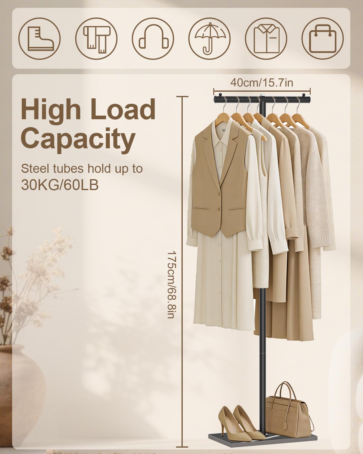 GUOHNHE T-shaped Coat Rack Freestanding, Modern Clothes Rack with Rock Slab Base, Heavy-duty Metal Coat Tree for Boutiques, Hallway, Entryway, 68.9 Inches High, Black, GYJ001B