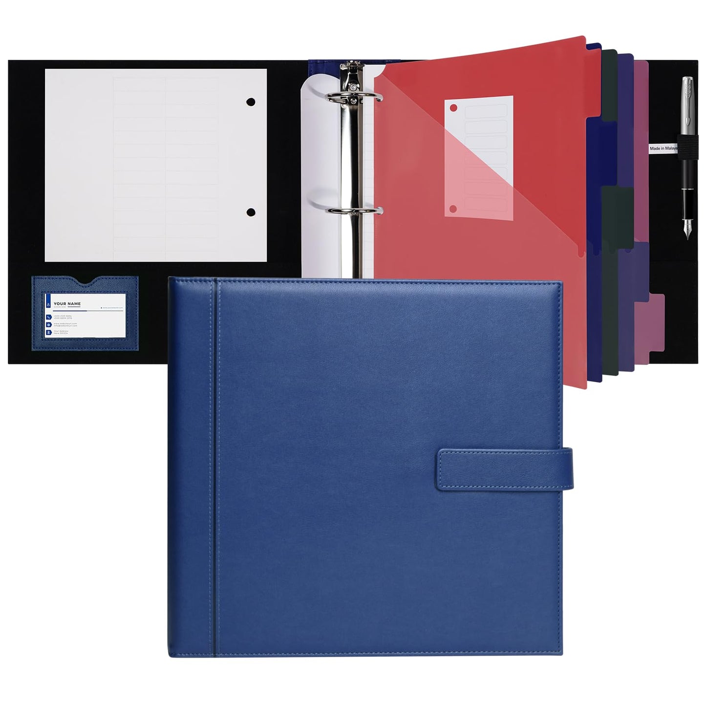 POPRUN Portfolio Binder, PU Leather 3 Ring Binder 1.5 Inch, Includes Card Slots, PP Dividers, Filler Paper & Tab Stickers, Professional Organizer for Office Meetings & Presentation, Blue