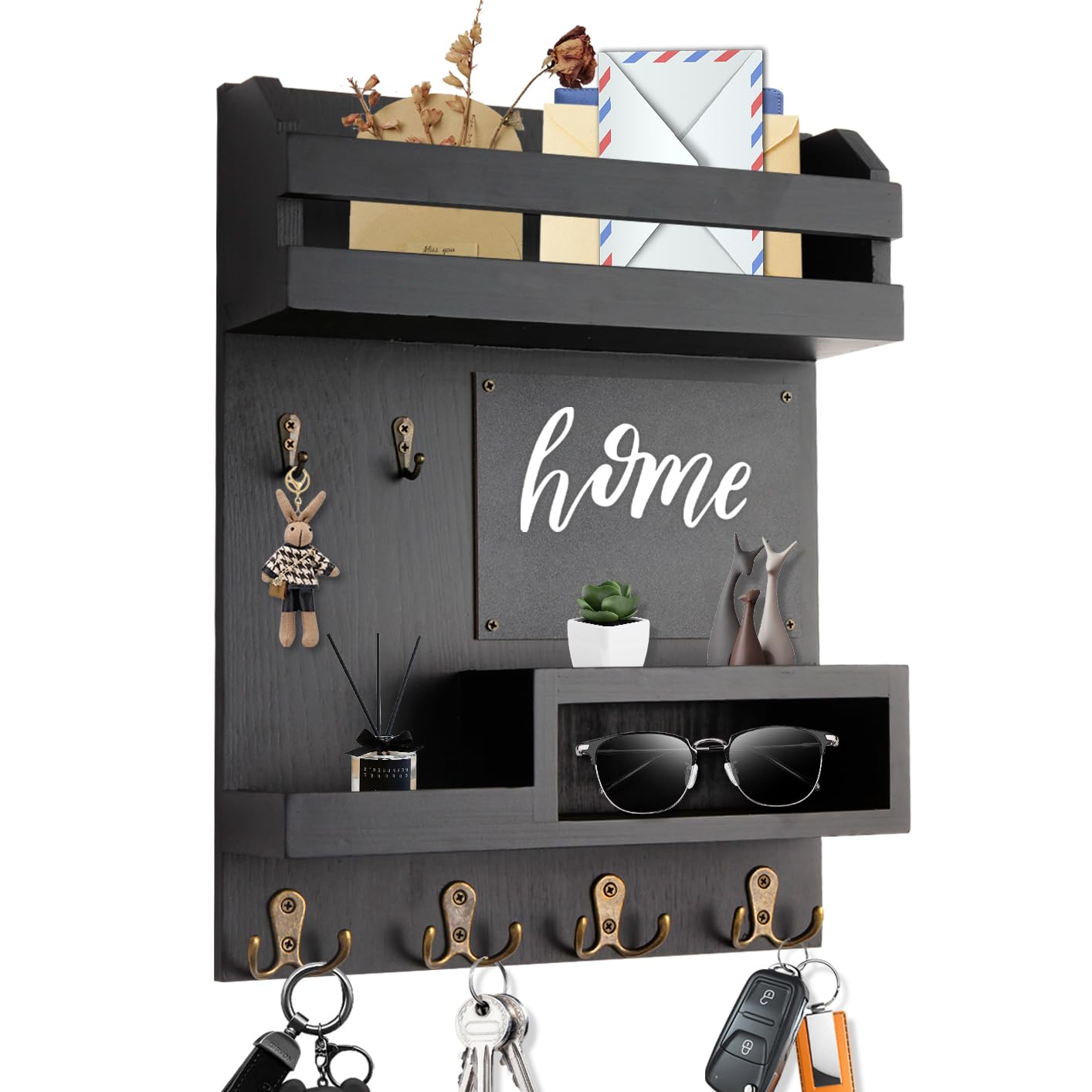 Eryvik Large Key and Mail Holder Wall Mount, 12.5x16.5 Inch Solid Wood Key Racks for Entryway, Front Door, Hallway, Wall Organizer (Matte Black)