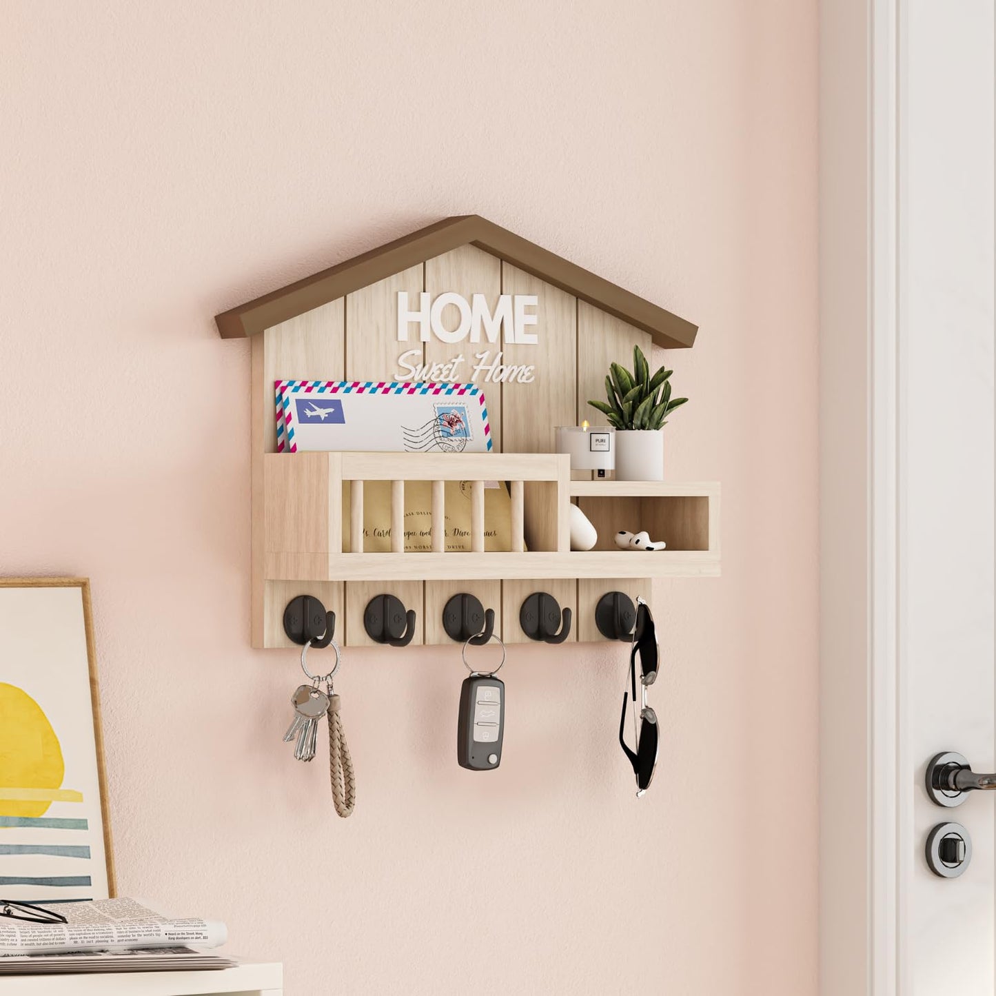 FERAHI Key and Mail Holder for Wall, Wall Key Holder with Shelf, Key Rack Wall Mount, Wood Key Holder Wall Mount, Mail Organizer Wall Mounted, Entryway & Front Door Key Holder with 5 Hooks(White)