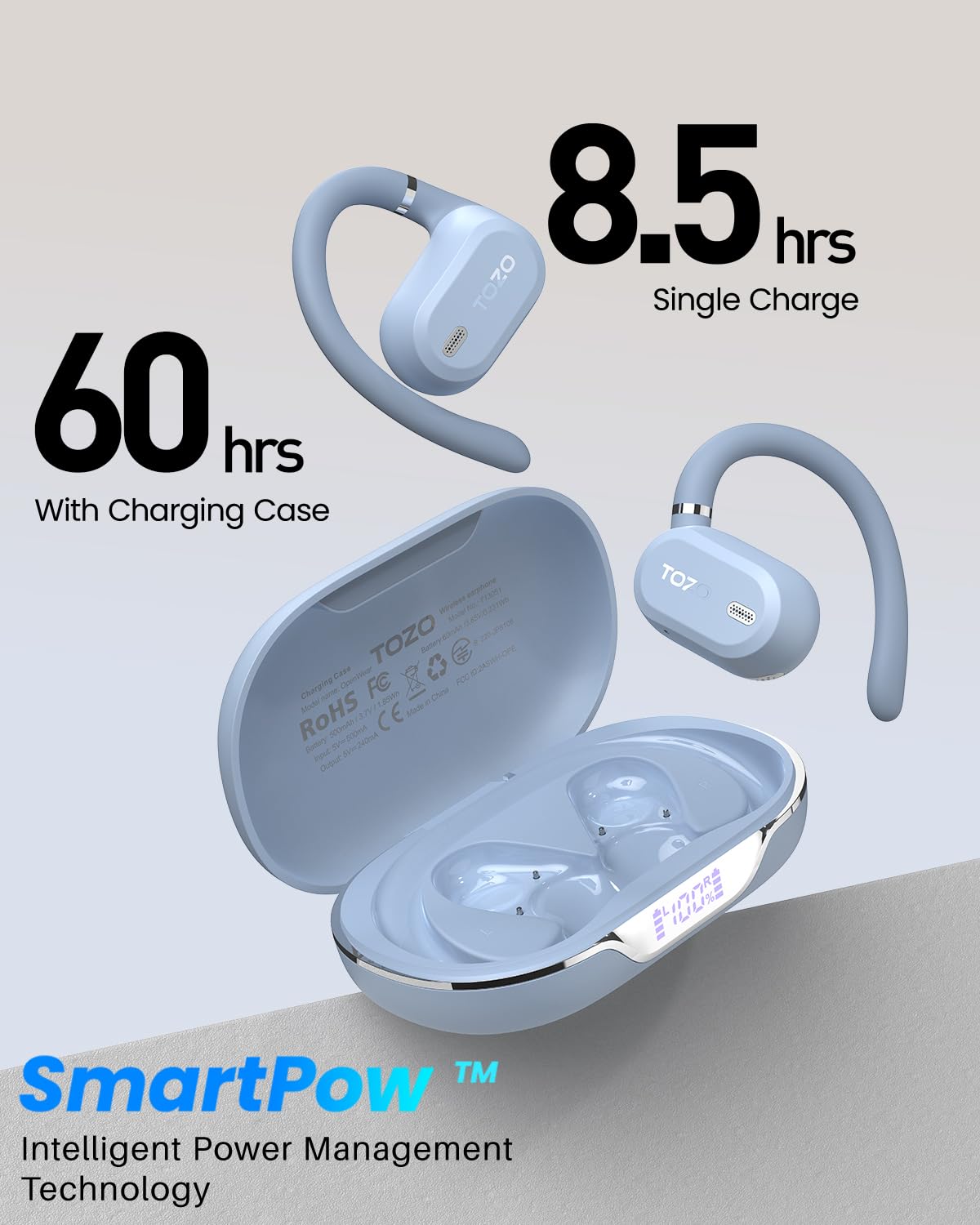 TOZO OpenWear Open Ear Headphones, Adjustable Ear Hooks, Ultra Comfort, Punchy Bass Bluetooth Headphones 5.4 with Smart Digital Display, Immersive Audio Earbuds, Fast Charging for Running, Office