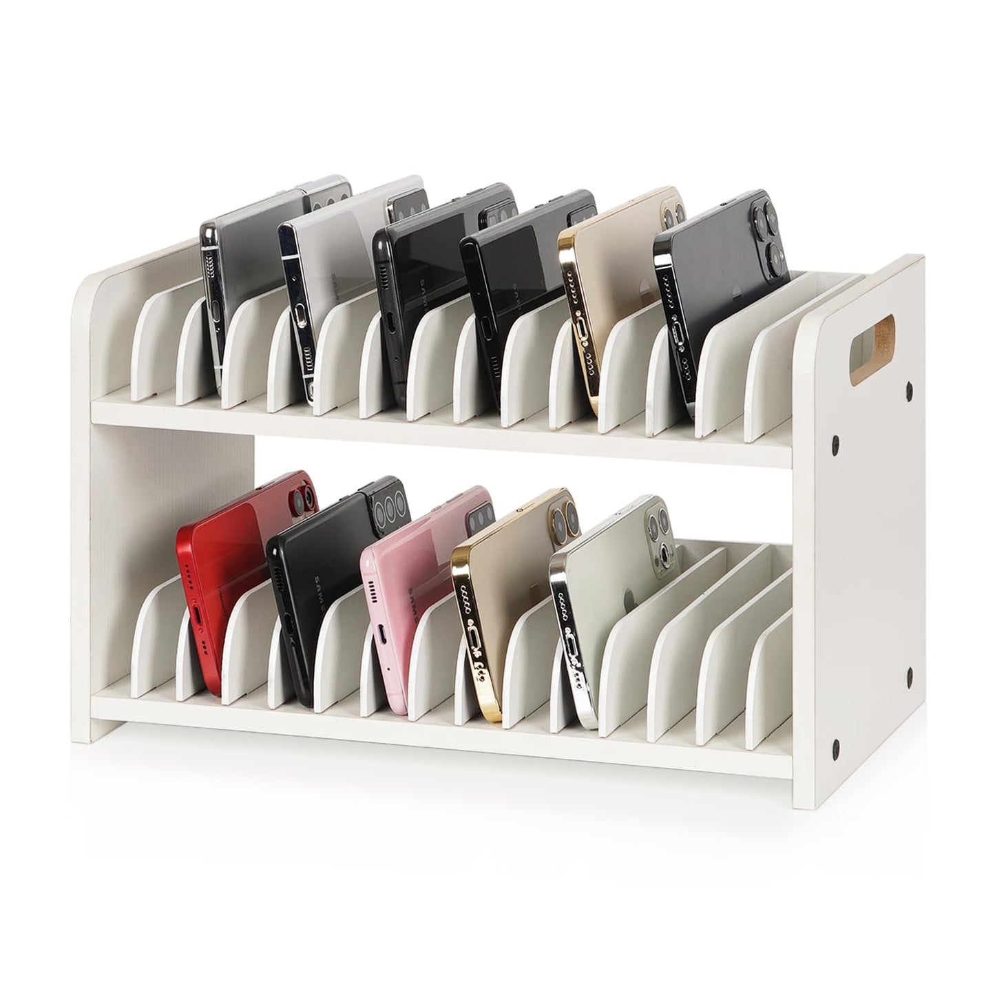 Ozzptuu Cell Phone Storage Classroom Cell Phone Holder Adjustable Wooden Multiple Rack Caddy Organizer Box for Classroom Office Desktop with 1-30 Number Stickers (30-Grid) (White)