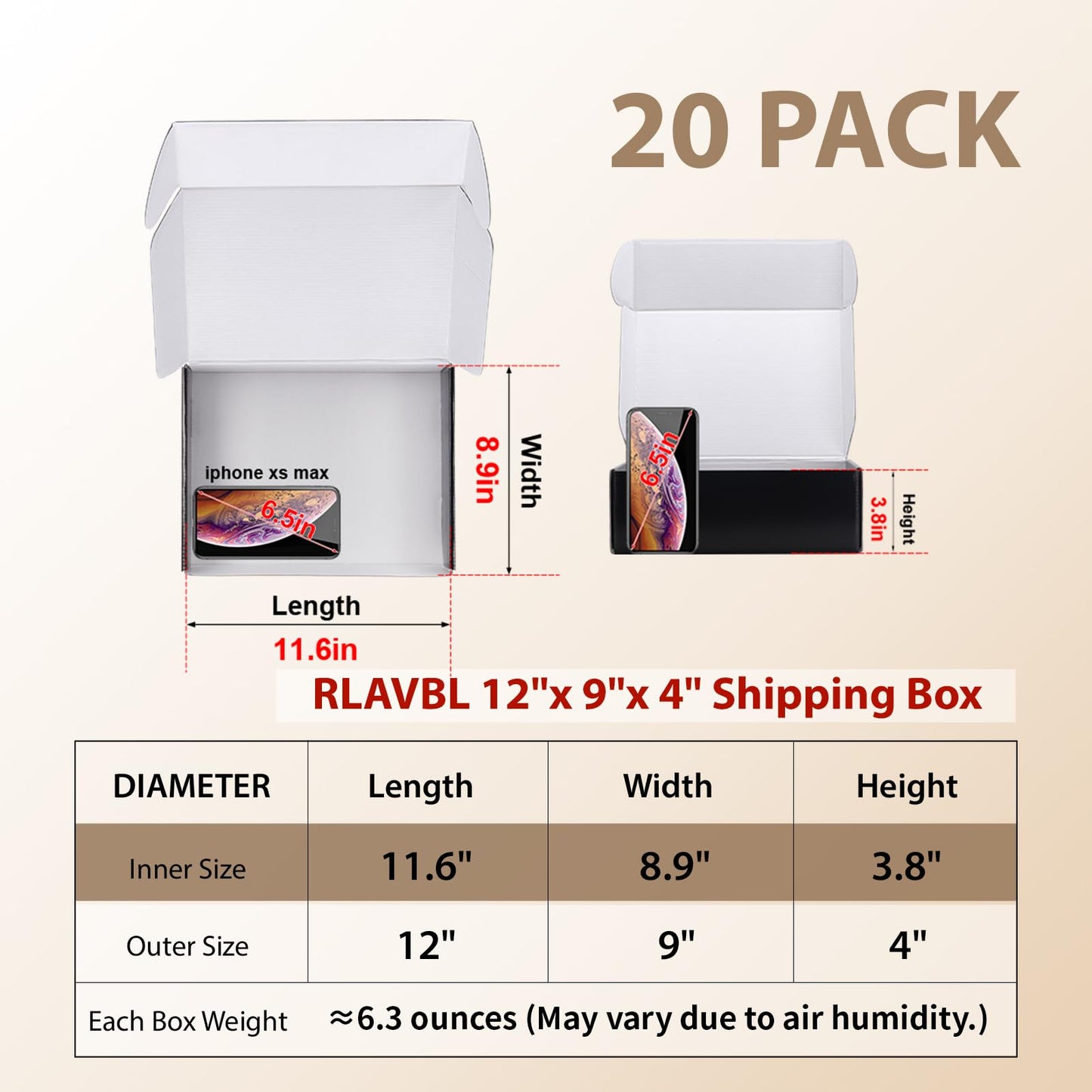 RLAVBL 12x9x4 Shipping Boxes Set of 20, Black Corrugated Cardboard Box for Packing, Mailing, Business, Gift