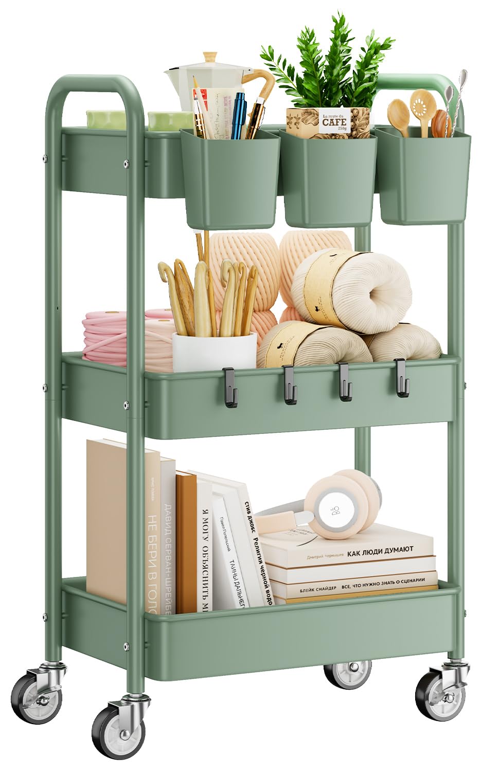 YASONIC 3-Tier Rolling Cart, Green, 66 Pounds Capacity, Mesh Storage Organizer with Lockable Wheels, 3 Hanging Cups, 4 Hooks, Easy Assembly, for Kitchen, Bathroom, Laundry, Grocery