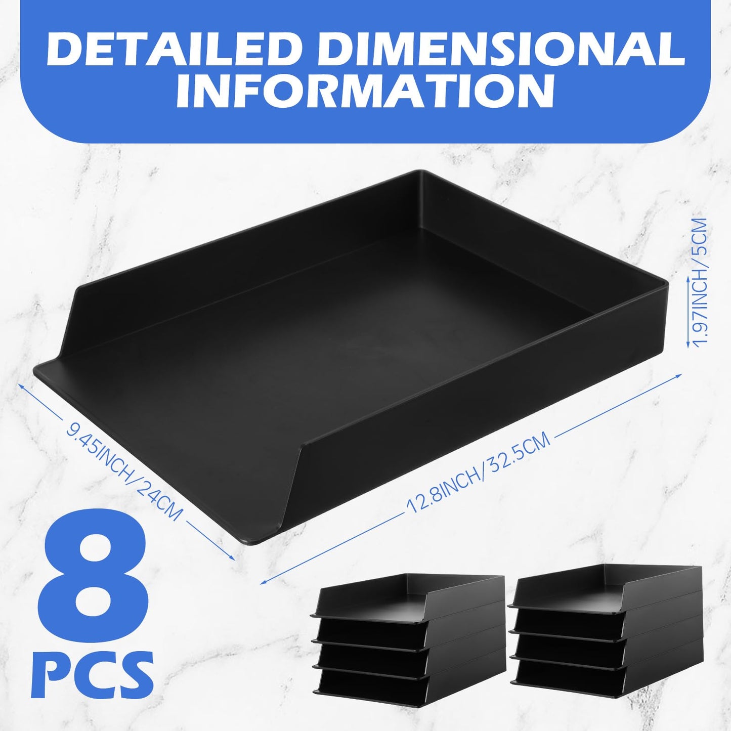 Wenqik 8 Pcs Stackable Paper Trays Rectangular Plastic Desk Holder Desktop Document File Organizer Storage Letter for Office Classroom (Black)