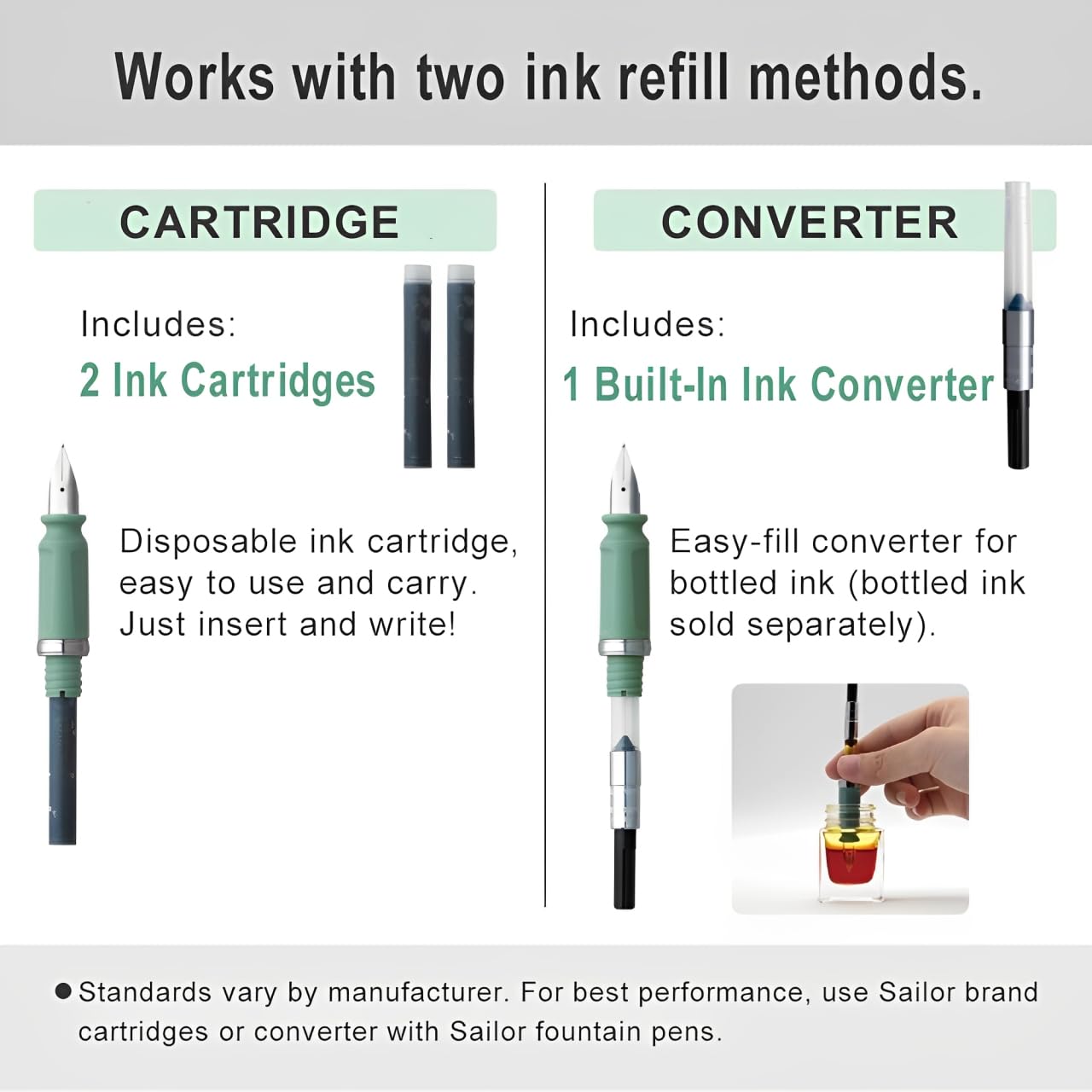 Sailor TUZU ADJUST Fountain Pen, Fine Nib (F), Rotating Nib Feature and Natural Fit Grip, Includes 2 Ink Cartridges (Black) and Converter, Perfect for Beginners and Seasoned Users, Black, 12-0541-220
