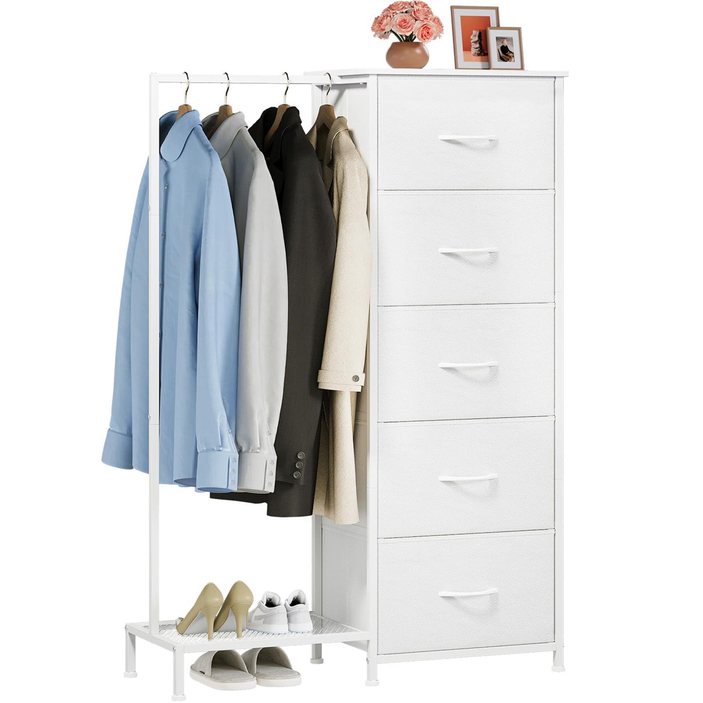 Somdot Dresser with Hanging Rack, 5 Drawers Small Closet for Bedroom, Reversible Dresser with Clothes Rack, Kids Dressers for Bedroom Chest of Drawers, Tall Storage Tower, White Leather