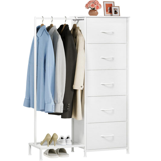 Somdot Dresser with Hanging Rack, 5 Drawers Small Closet for Bedroom, Reversible Dresser with Clothes Rack, Kids Dressers for Bedroom Chest of Drawers, Tall Storage Tower, White Leather