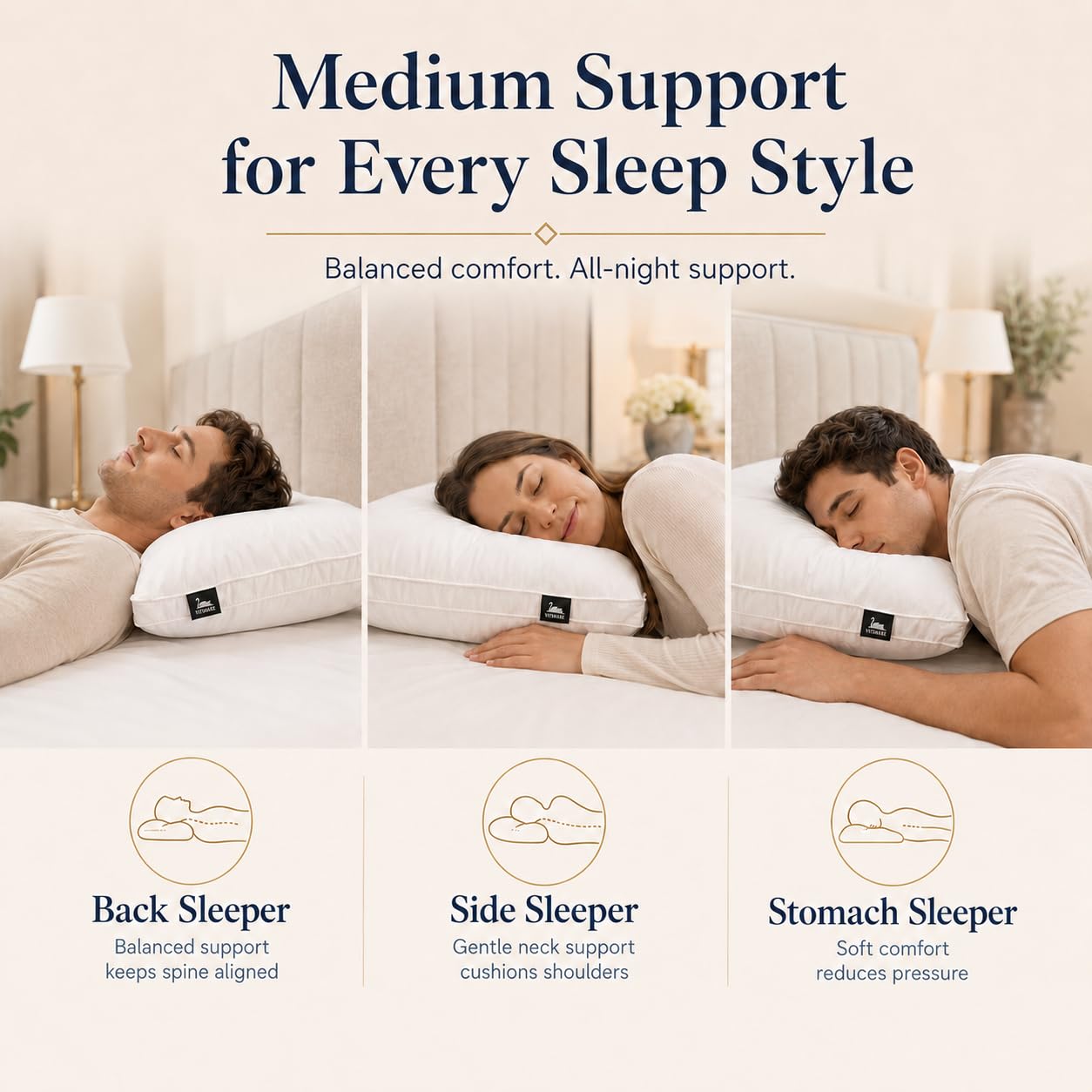 Vendare Set of 2 Standard Size Down Pillows - Goose Feather & Down Blend Pillows 440 Fill Power, 100% Cotton Cover, Hypoallergenic, Medium Support