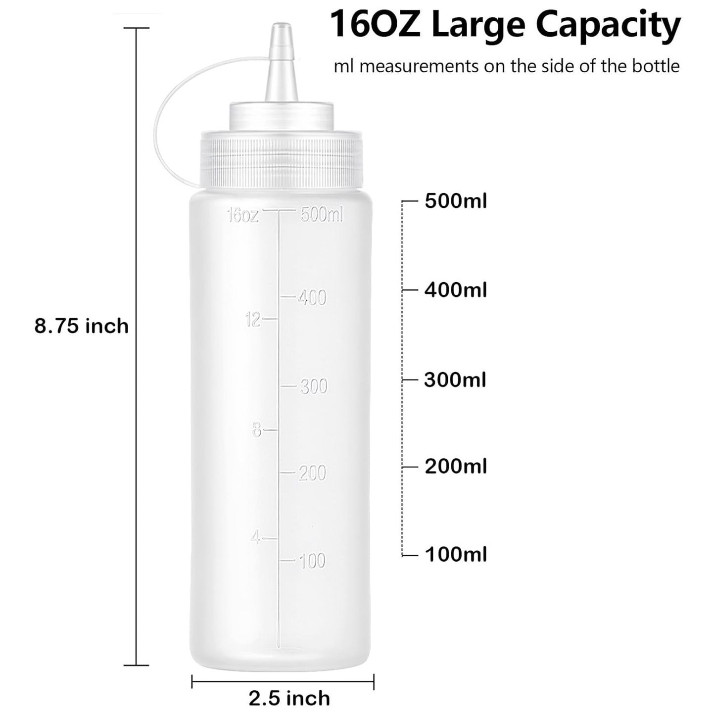 Bekith 12 pack 16 Oz Wide Mouth Plastic Squeeze Condiment Bottles with Twist On Cap Lids and Discrete Measurements, Empty Squirt Bottle For Sauce, Ketchup, Paint
