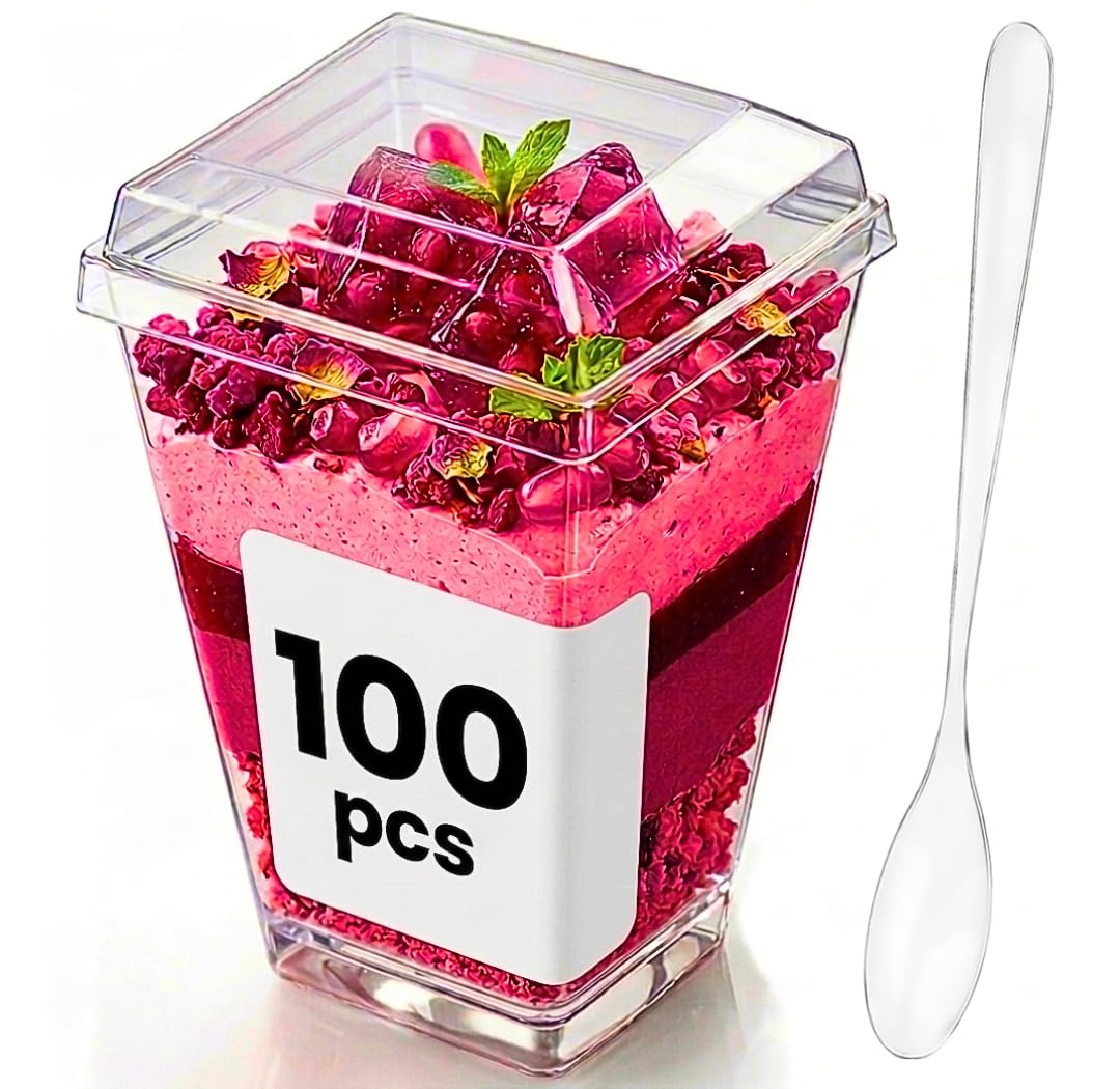 Crystry 100 Pack 5 oz Plastic Dessert Cups with Lids and Spoons Clear Mini Parfait Cups Dessert Shooter Cups for Party Pudding Mousse Tiramisu Trifle Yogurt BPA Free Vasitos para Postres con Tapa