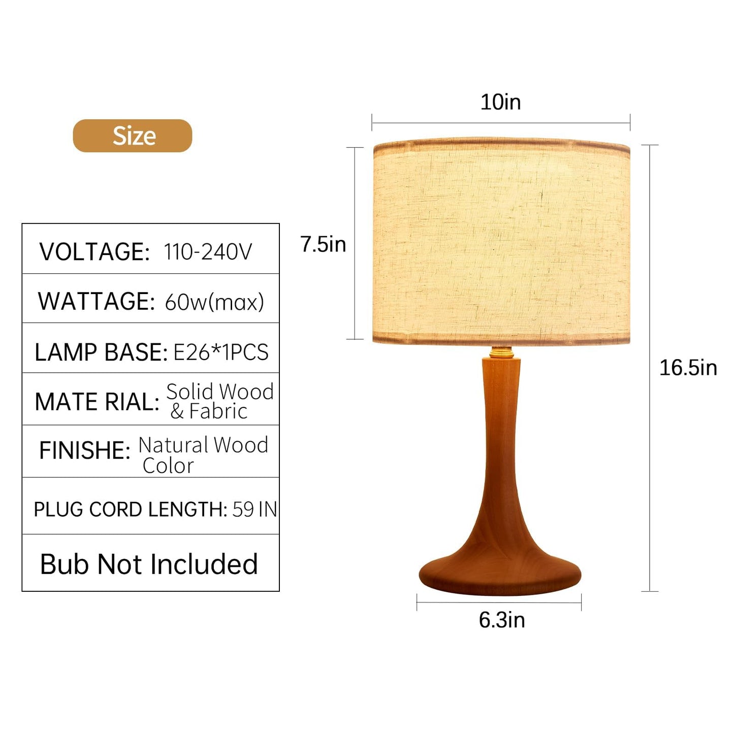 NUSRAN Bedside Table Lamp for Bedroom, Nordic Plug in Fabric Shade & Solid Wood Base Desk Lamp, Plug & Play Natural Wood Nightstand Lamp for Living Room, Office, Switch Power Cord 【Bulb Not Included】