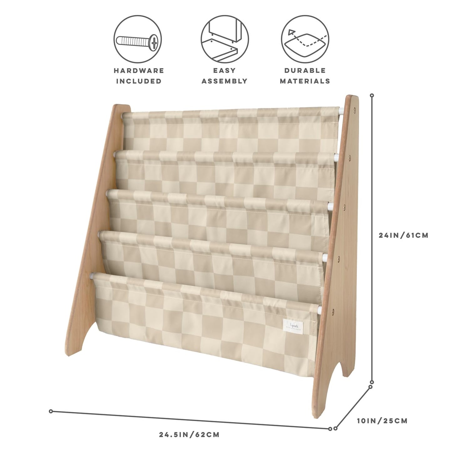 3 Sprouts Kids Bookshelf with Recycled Fabric - 4-Tier Sling Storage for Kids Rooms Holds 35 Titles - Toddler Organizer for Ages 3+ - Checkered Beige