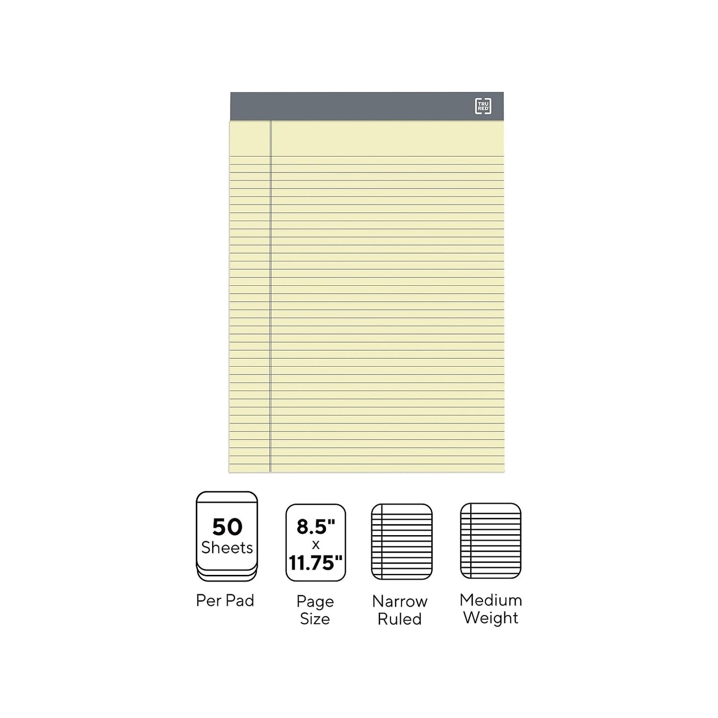 TRU RED Notepads, 8.5” x 11.75”, Narrow Ruled, Canary, 50 Sheets/Pad, 12‑Pack