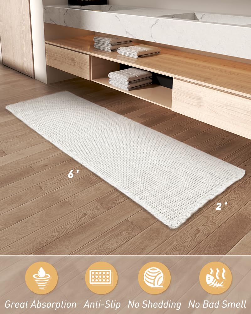 AMOAMI Upgraded Waffle Runner Rug Super Absorbent Non Slip Bath Mats for Bathroom Floor, Washable Boho Bathroom Runner Rug with Tassels, Ideal for Hallway Bedroom Laundry Room, 2' x 6', White