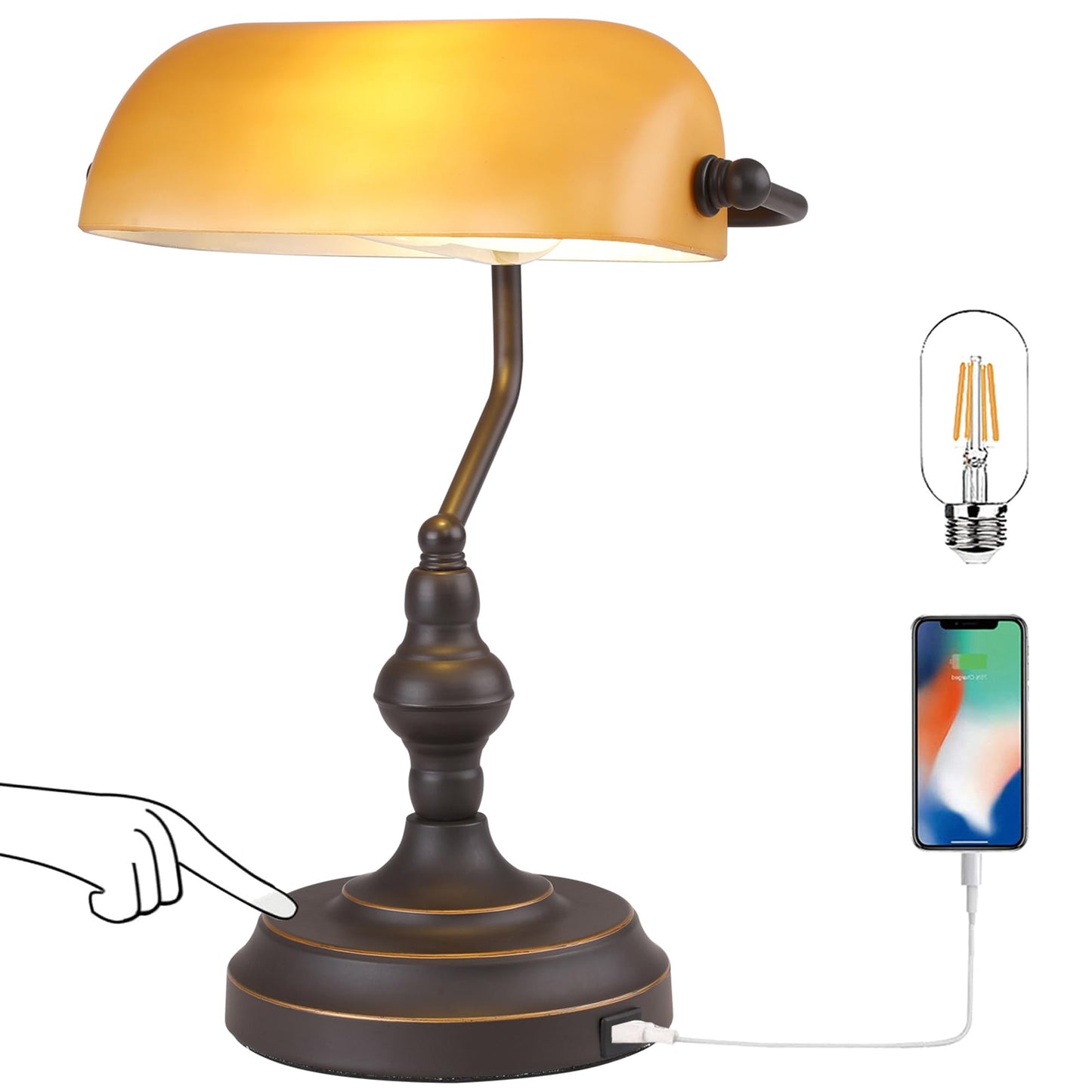 Liylan Banker Desk Lamp Touch Control, Vintage Banker's Desk Lamp with USB-A Port, 3 Way Dimmable Desk Lamps, Farmhouse Library Lamp Oil Rubbed Bronze for Office, Study Room