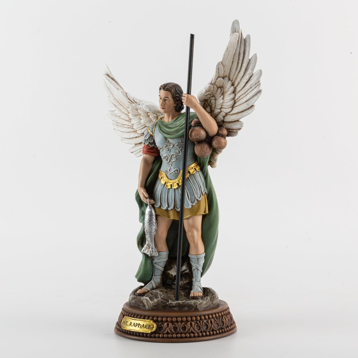 DevotedWalls 10.2"H Saint Raphael Statue Painted in Full Color, Angel St. Raphael with Name Plate on Base,Travel Protection Patron Archangel Saint St. Rafael, Estatua del Arcángel San Rafael Figurine