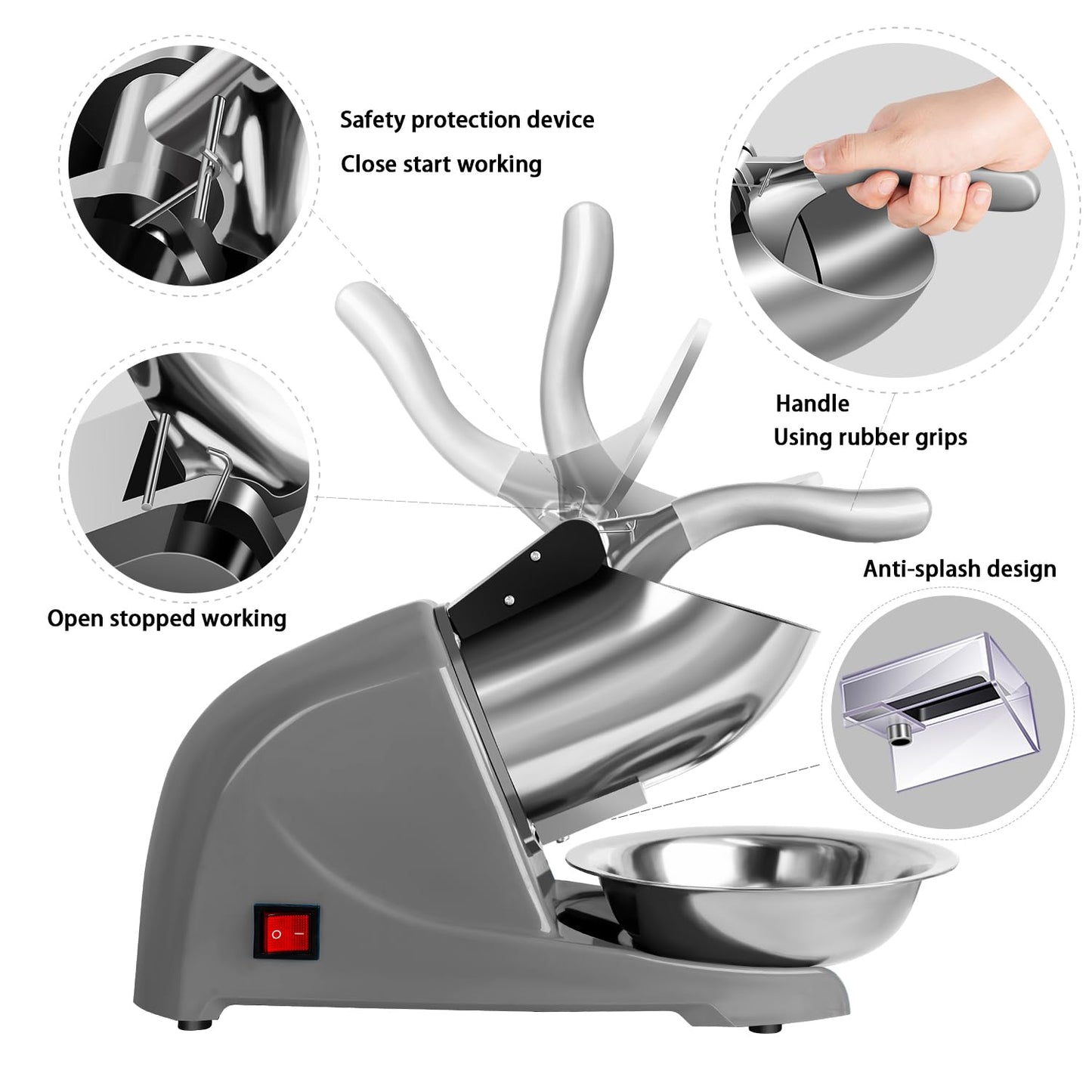 INSELY 4-Blade Ice Shaver Snow Cone Maker Prevent Splash Stainless Steel ice Crusher Machine,200lbs/hr with ice Tray for Home and Commercial Use（Silver）