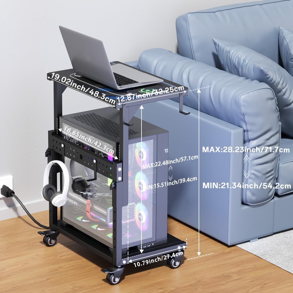 ZUAVIALA Computer Tower Stand with Power Outlet, 6 Level Height Ajustable PC Tower Stand for Floor, Mobile Rolling CPU Holder Cart for Gaming, Office, Home, 21.34"-28.3", Black