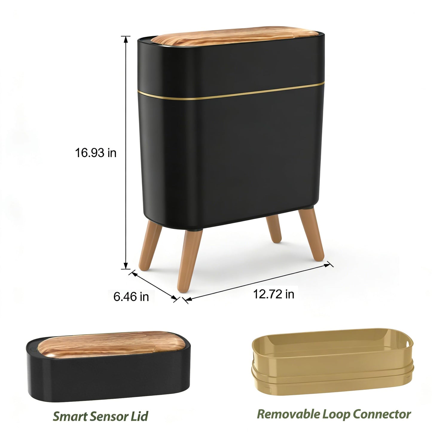 suyika Automatic Trash Can, 2.6 Gallon/10L Bathroom Trash Can with Lid - Wood Grain Lid and Legs, Touchless Waterproof Garbage Bin for Bedroom, Bathroom, Office, Living Room