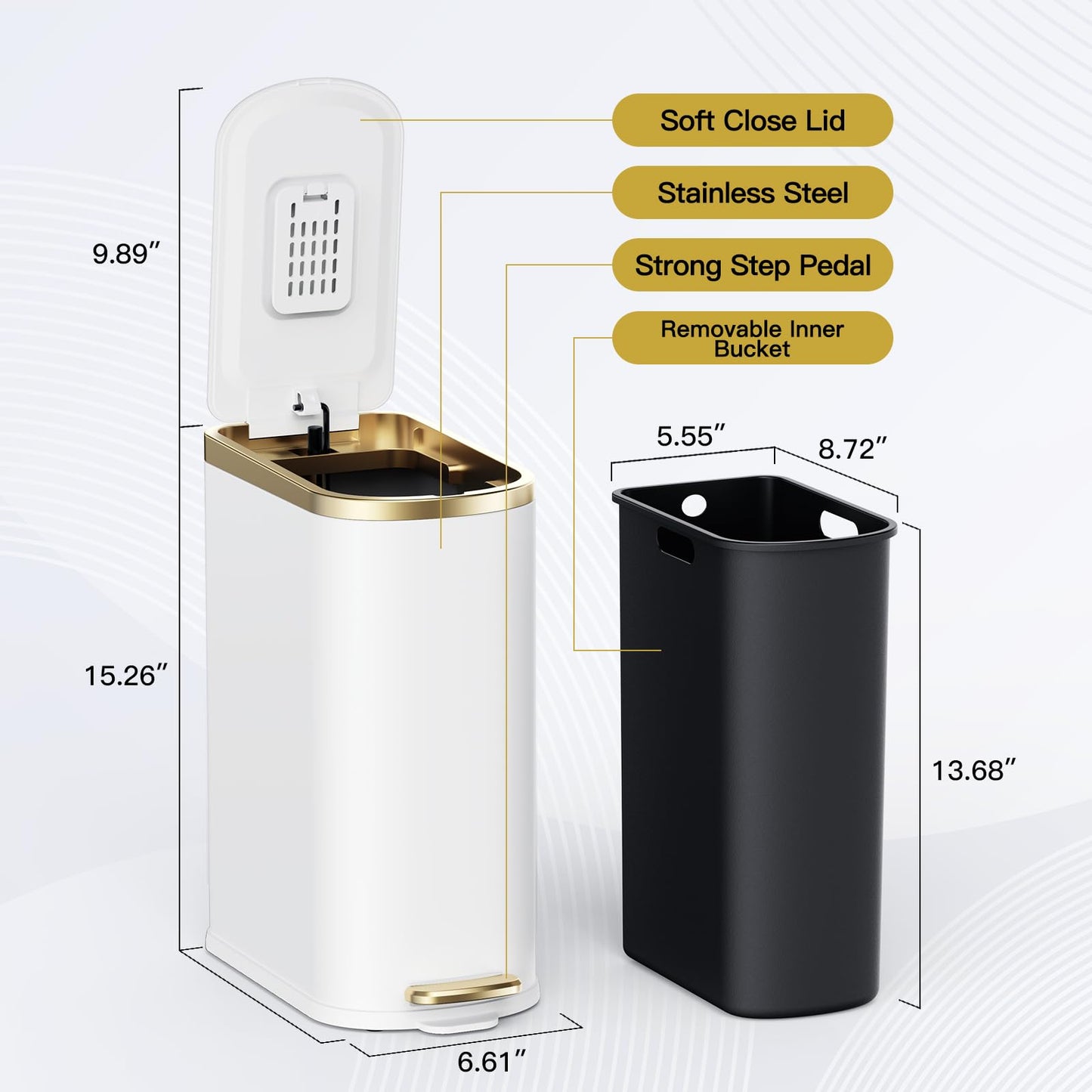 CEROELDA Small Bathroom Trash Can with Lid Soft Close-10L/2.6 Gal Slim Garbage Can-Metal Step Wastebasket-Rectangle Narrow Waste Bin for Office, Bedroom, Toilet, Live Room (White)