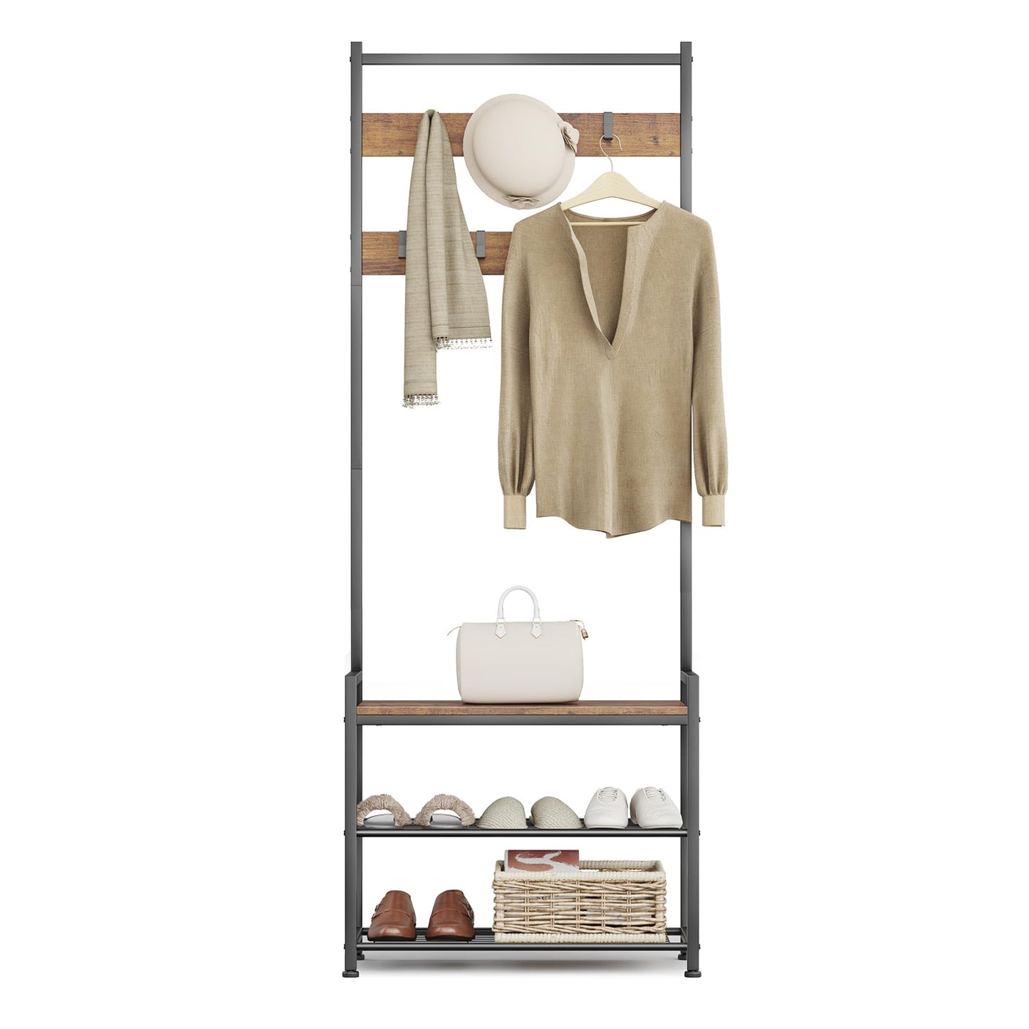 Leadpro Coat Rack Hall Tree with Shoe Storage, Entryway Hall Tree Storage Bench, Wood Look Accent Furniture with Metal Frame, 3-in-1 Design, Rustic Brown