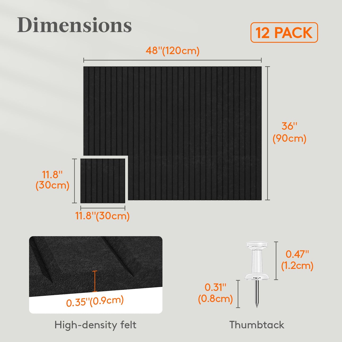 Lifewit Felt Slatted Bulletin Board, 12 Pack Self-Adhesive Panel, 48"x 36" Total Size, Cork Board Alternative, Pin Message Board with 30 Pushpins for Room and Office Decor, Home, Dorm, Black