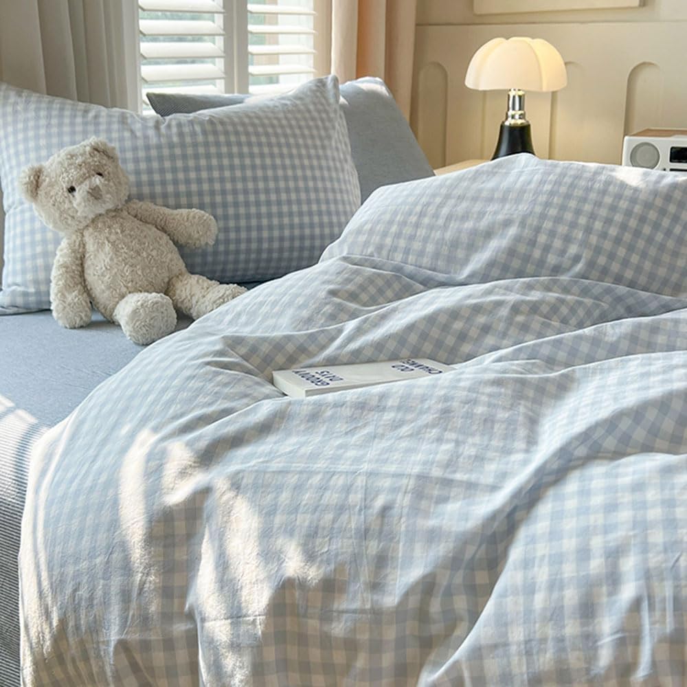 Nayoroom Gingham Duvet Cover Queen Size Blue White Plaid Checkered Comforter Cover Grid Farmhouse Bedding Set 3 Pcs Soft Breathable Washed Microfiber Gifts for Women Men