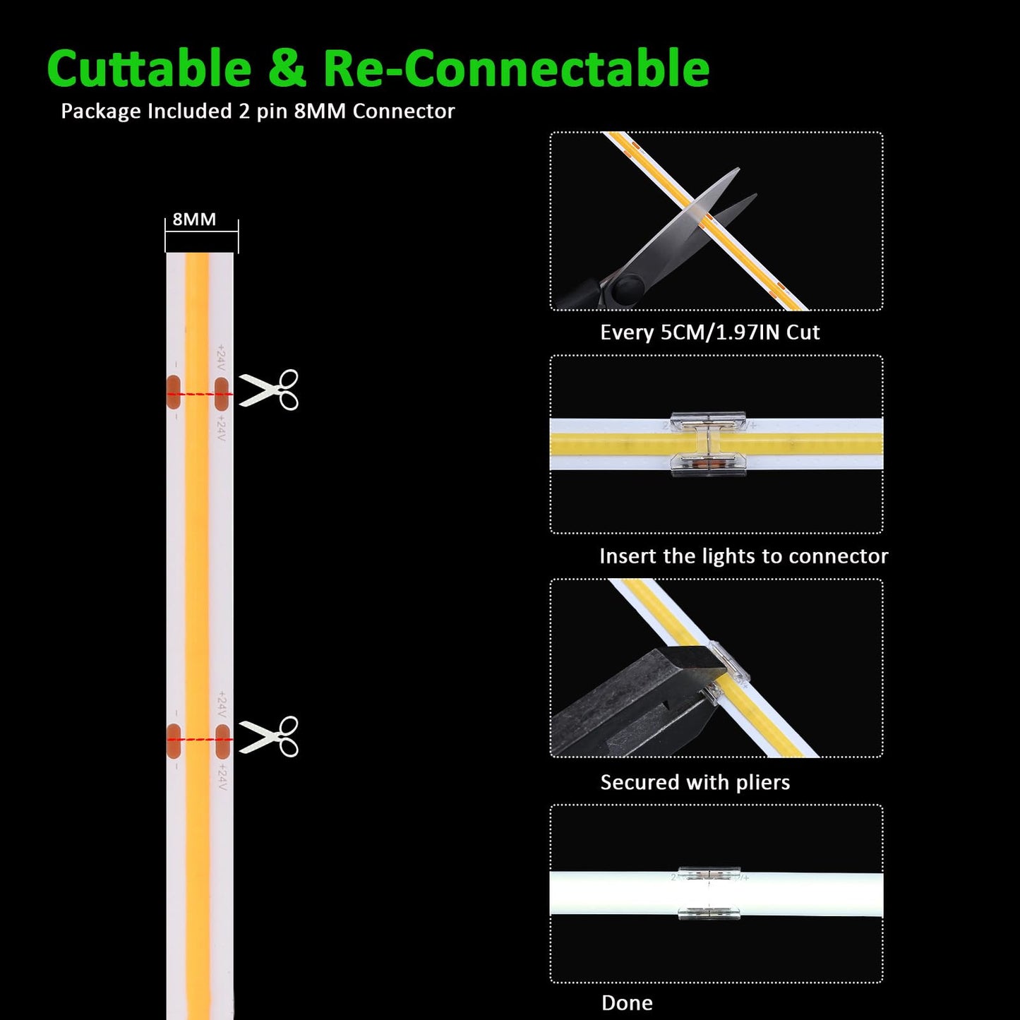 JOYLIT 49.2FT/15M COB LED Strip Lights 24V 3000K Warm White Indoor, 480LEDs/M High Density Spotless CRI 90+ Dimmable Flexible Tape Light for Bedroom, Cabinets, Retail (Power Supply Not Included)