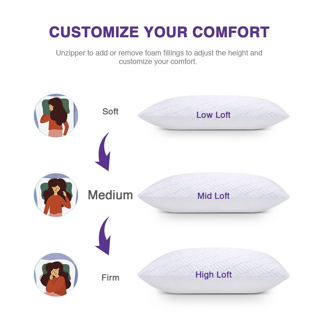 WISHSMILE Cooling Shredded Memory Foam Pillows for Sleeping Cool Cold Pillow Standard Size Set of 2 with Zipper, Adjustable Firmness to Hot, Side, Back and Stomach Sleepers, 2 Pack, 20x26