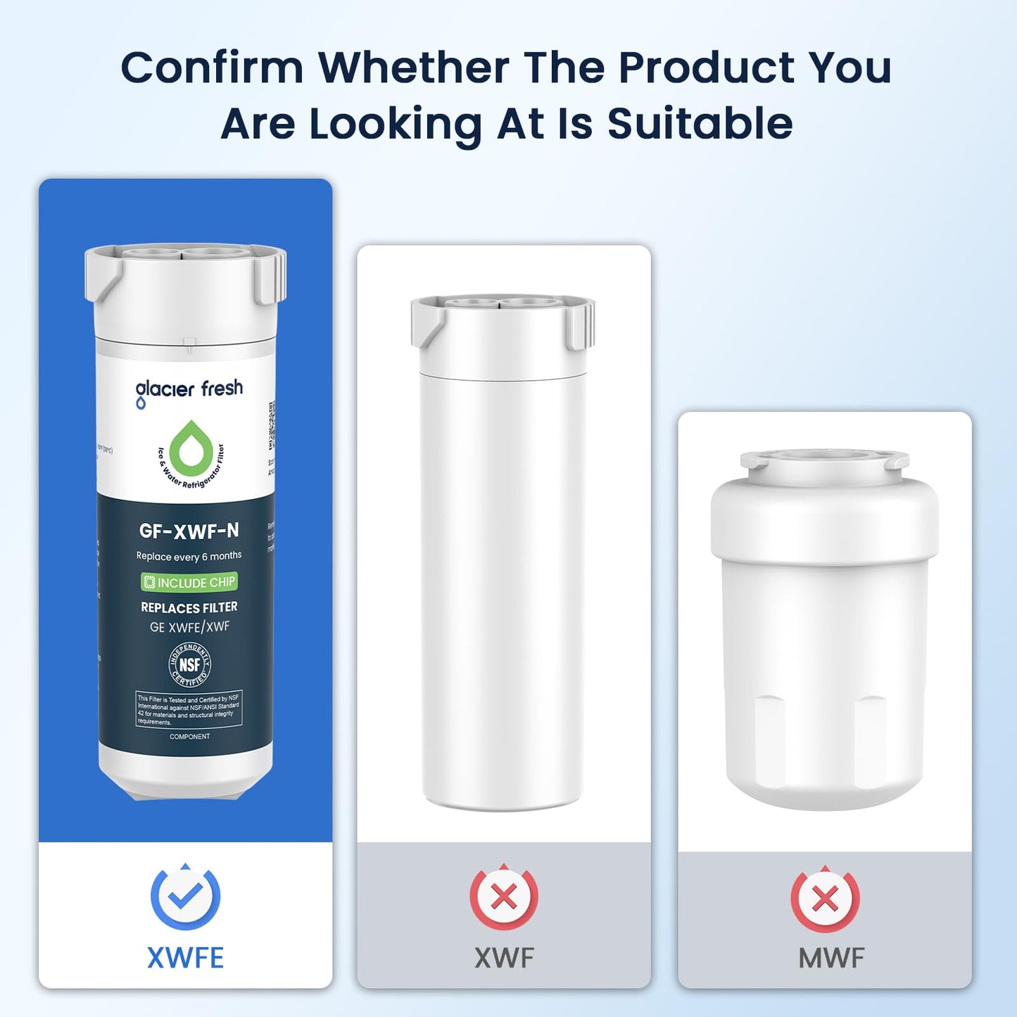 GLACIER FRESH Water Filter Compatible with XWFE (Built-in CHIP), Replacement for GE XWFE, XWF Refrigerator Water Filter NSF/ANSI 42 Certification Pack of 1