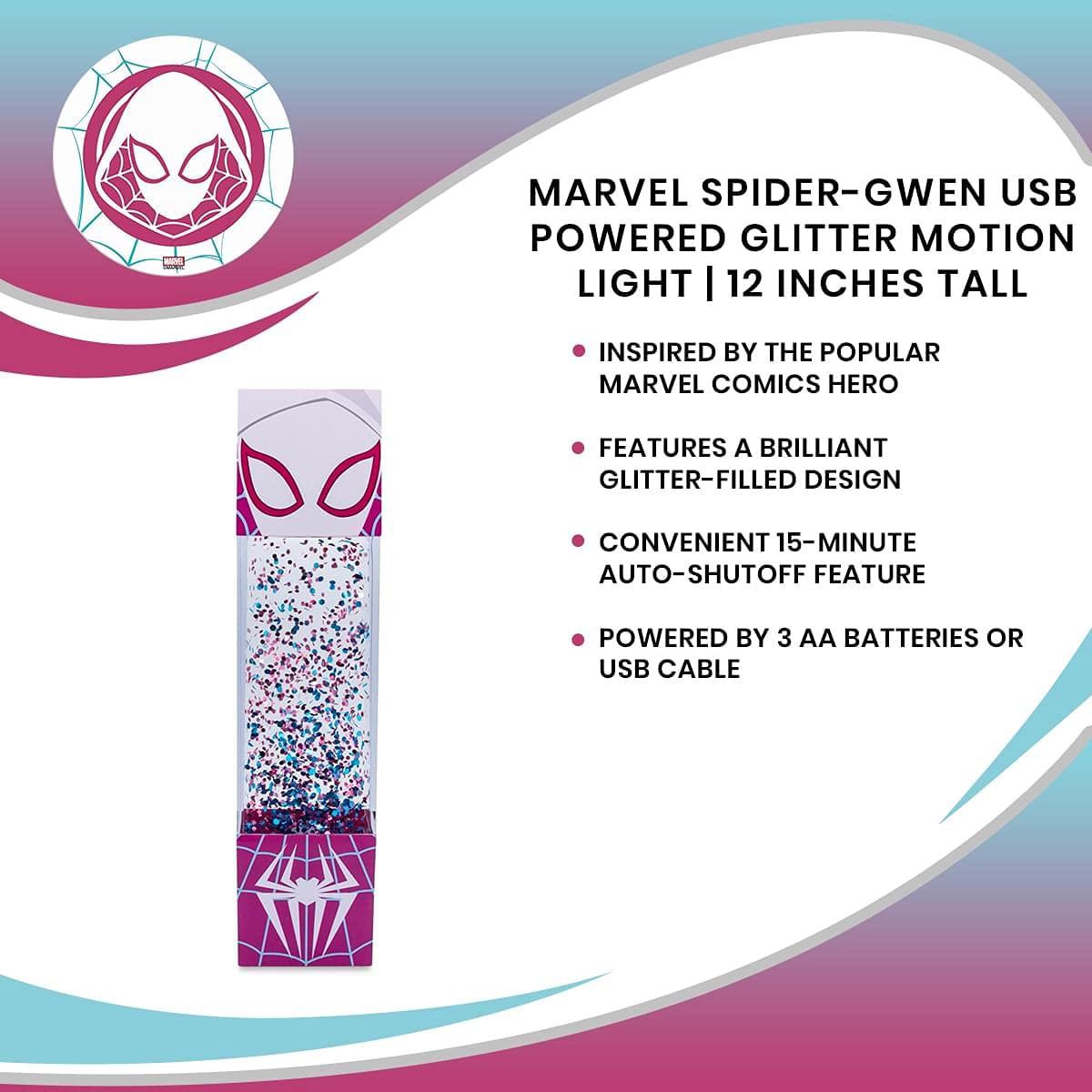 Marvel Spider-Gwen USB Powered Glitter Motion Lamp LED Light | Nightstand Table Lamp For Bedroom, Desk, Living Room | Home Decor Room Essentials | Comic Book Toys, Gifts And Collectibles | 12 Inches