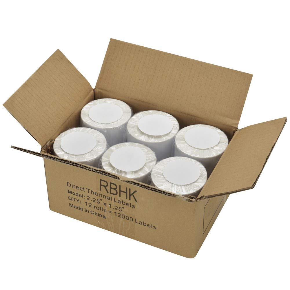 RBHK 12 Rolls Direct Thermal Labels 2-1/4'' x 1-1/4'', Permanent Adhesive Shipping Labels for Zebra Printer, SKU Labels Address Labels, 1000 Labels per Roll